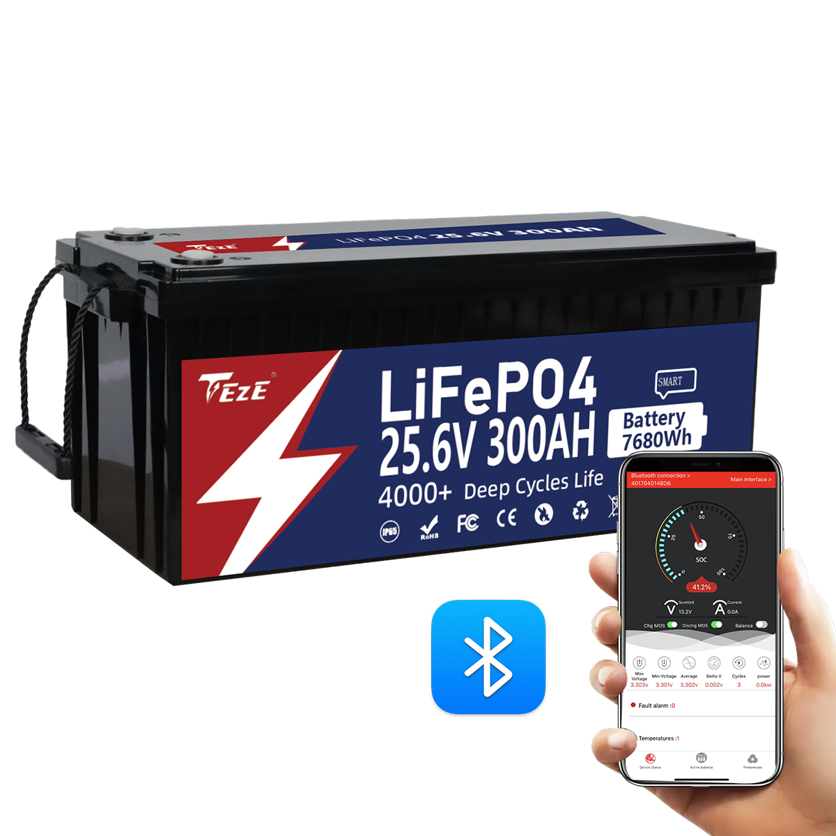 TezePower 24V 300Ah LiFePO4 Lithium iron Battery with Bluetooth Built-in Smart 200A Daly BMS, Self-heating and Active Balancer