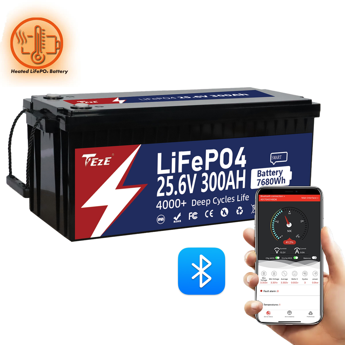TezePower 25.6V 300Ah LiFePO4 Battery with Bluetooth, Self-heating and Active Balancer, Built-in 200A Daly BMS(Bluetooth Built-in Version)