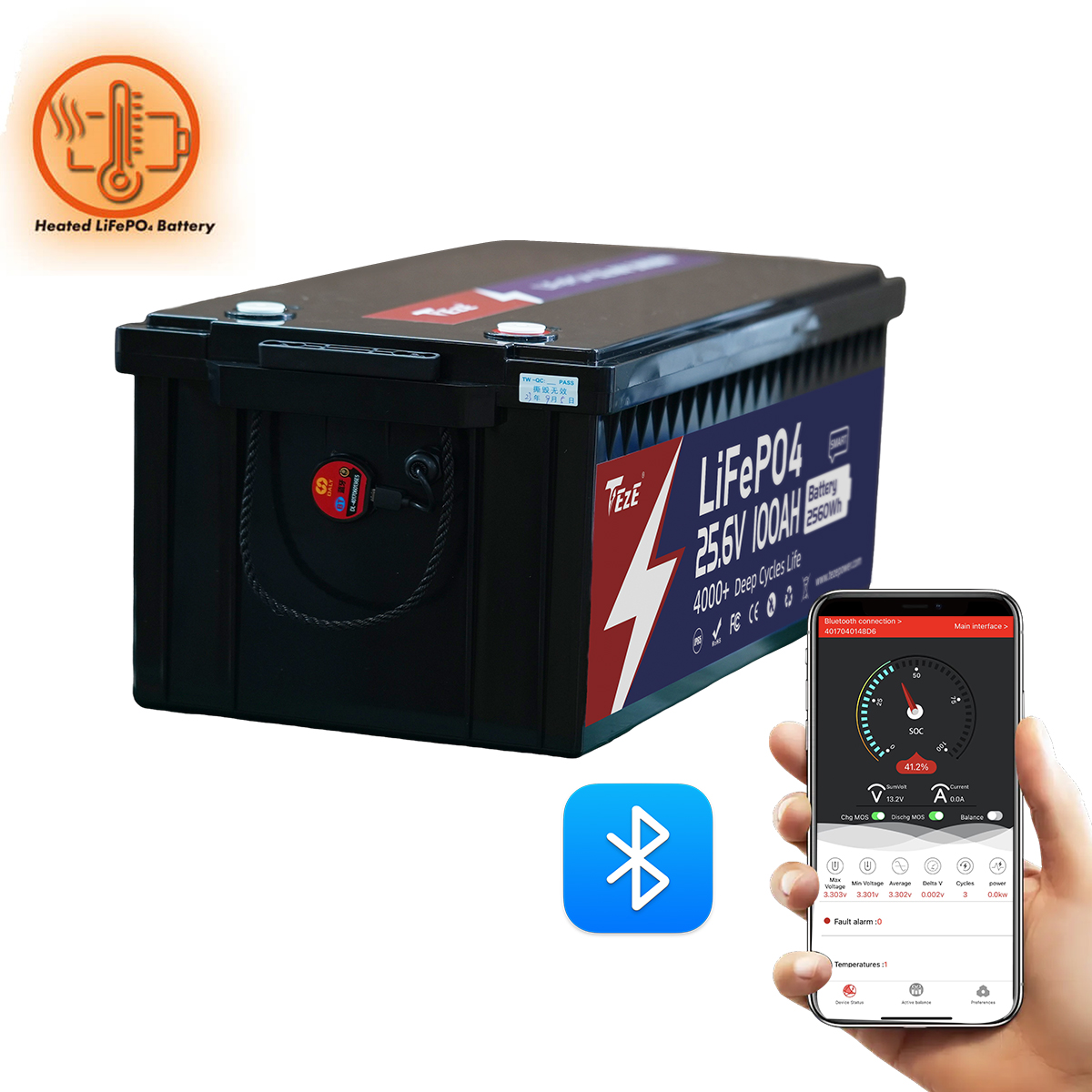 NEW-TezePower 24V100Ah LiFePO4 Battery with Bluetooth, Self-heating and Active Balancer, Built-in 100A Daly BMS (Bluetooth External Version)
