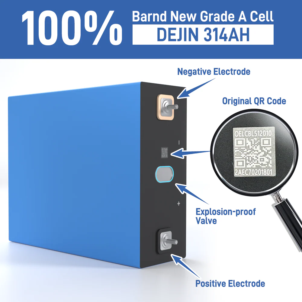DEJIN 314Ah LiFePO4 Battery Cells - Brand New Grade A+ with QR Code for EV RV Solar Power