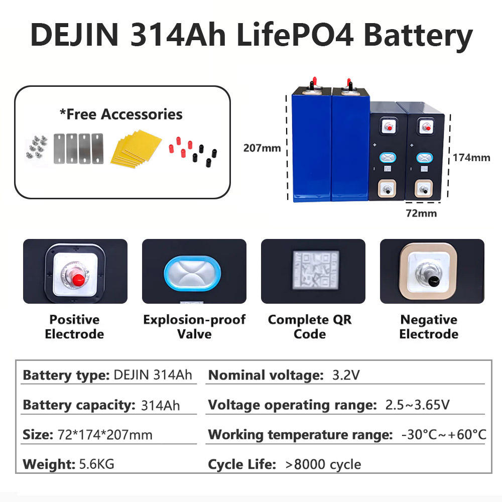 DEJIN 314Ah LiFePO4 Battery Cells - Brand New Grade A+ with QR Code for EV RV Solar Power