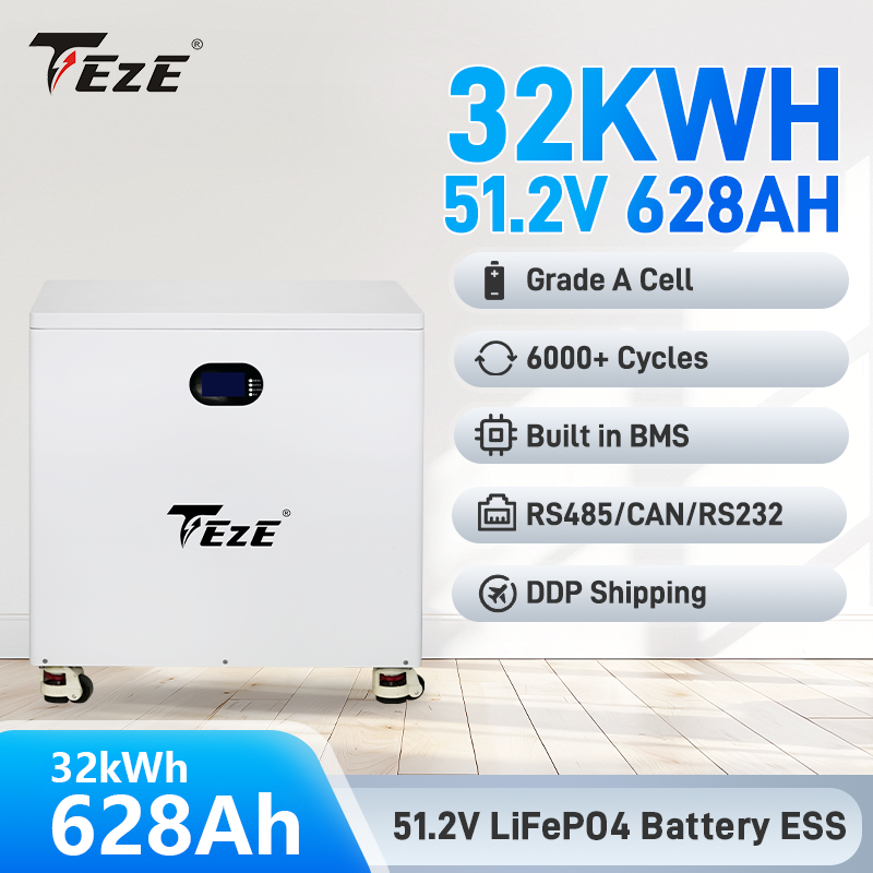 TezePower 32KWH 51.2V 628Ah LiFePO4 Battery 28KWH Home Energy Storage System Mobile ESS With 5A Active Balancer