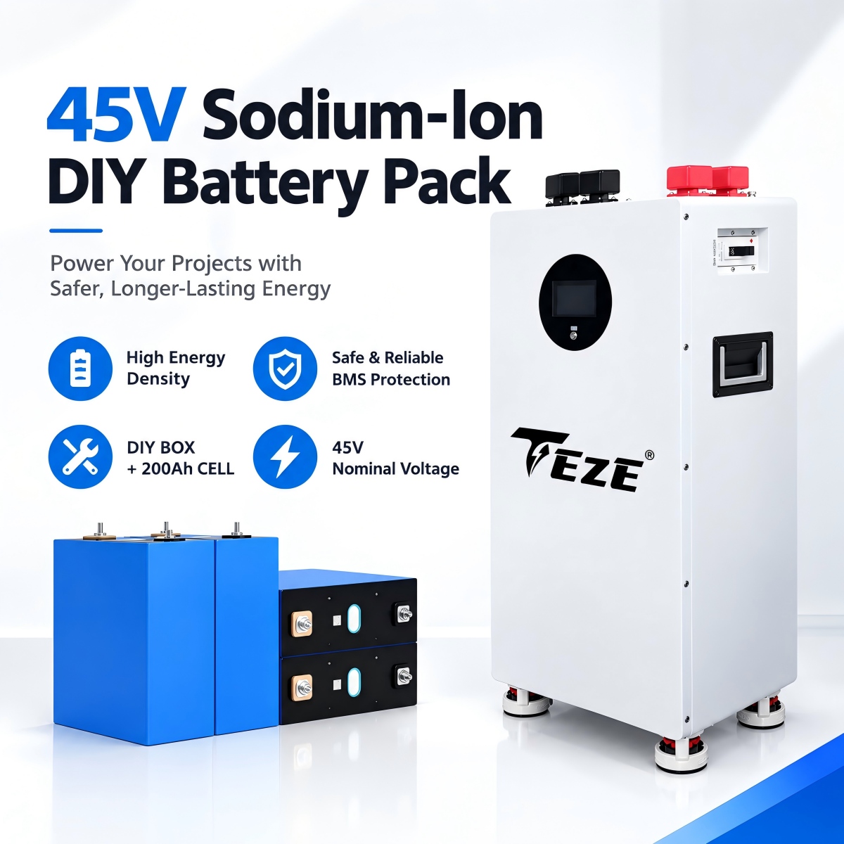 TezePower 9kWh 45V/48V 200Ah Sodium-ion DIY Battery Box Case Kits Pack with 200A BMS, WiFi, Bluetooth & APP for Home Solar Energy Storage