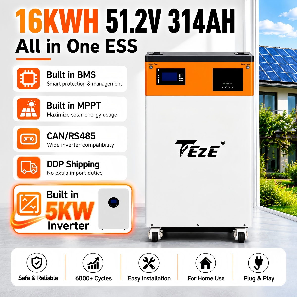 TezePower 51.2V 48V 300Ah All in One 16KWH 15kWh LiFePO4 Battery Mobile ESS Built-in 5kw Hybrid Off-grid Inverter, BMS, MPPT, Active Balancer-Backup Power for Home