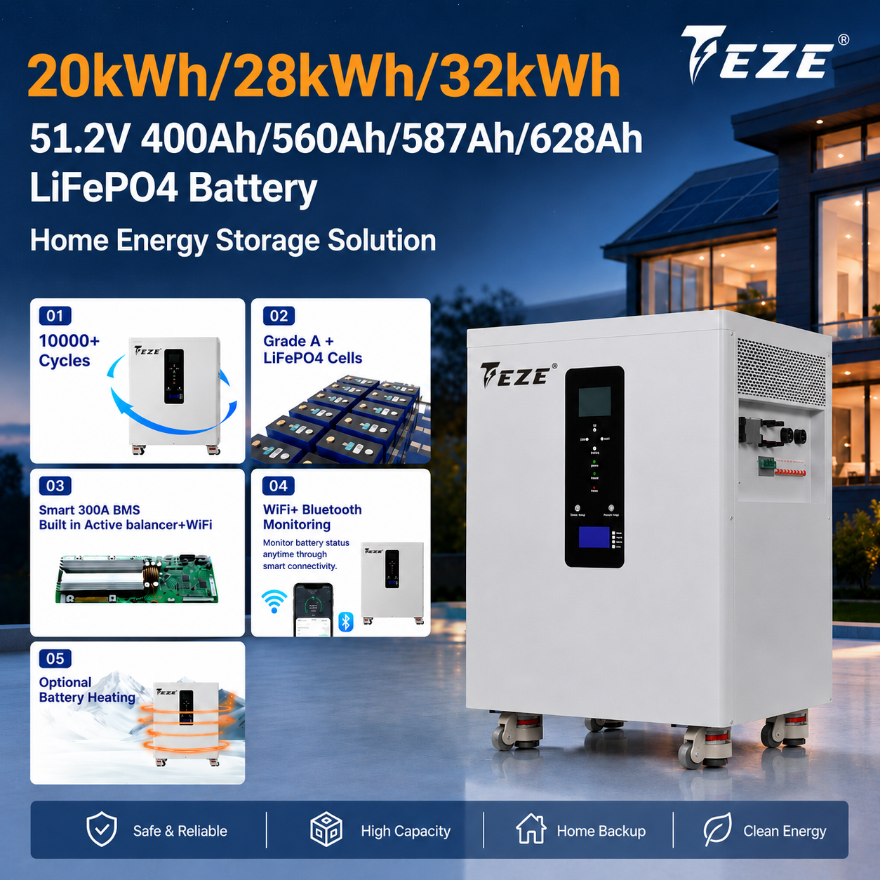TezePower 32kWh All in One ESS 51.2V 628Ah LiFePO4 Battery Built in 12kW Three Phase Hybrid off-grid Inverter, Active Balancer