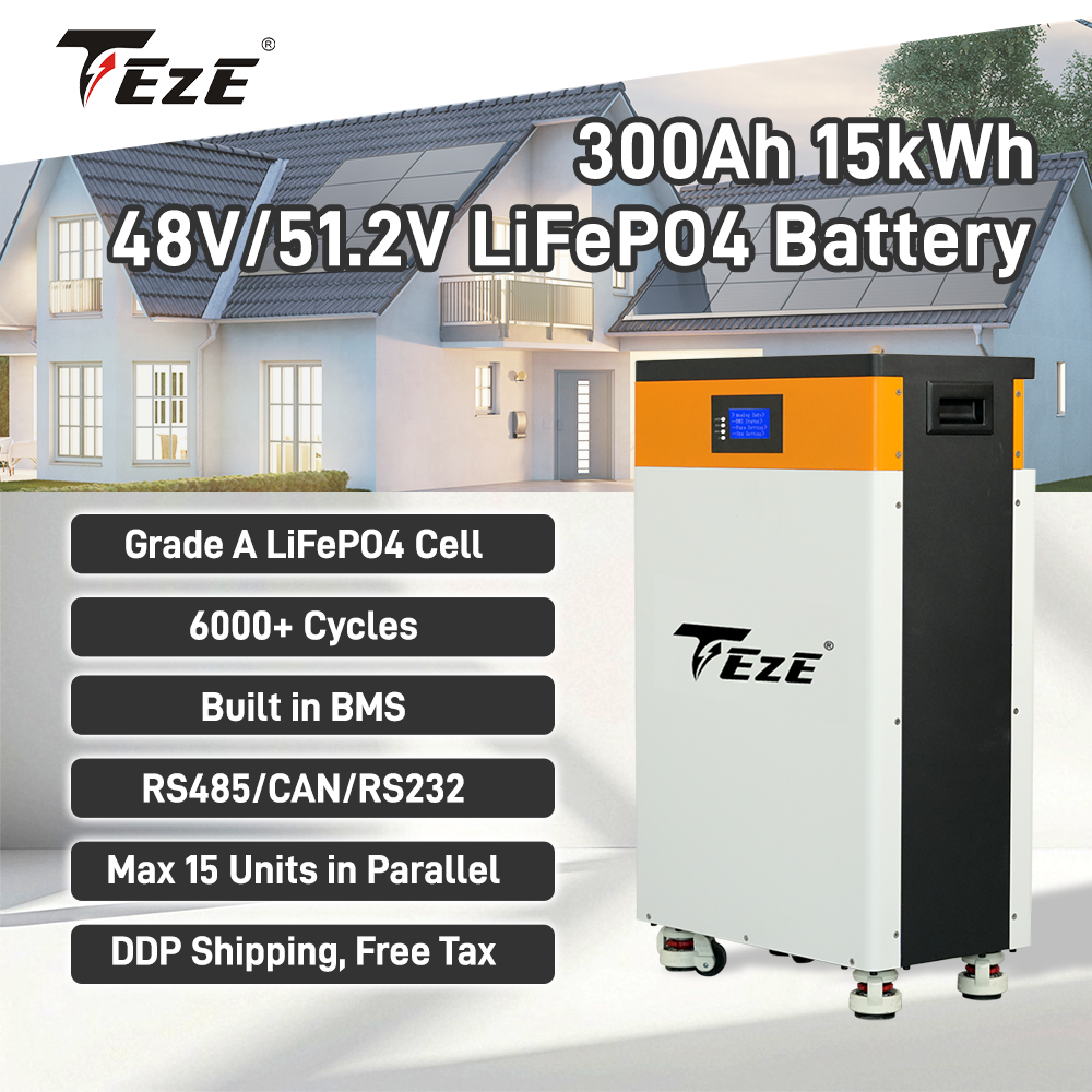 TezePower 51.2V 300Ah LiFePO4 Battery 15kWh Lithium ion Battery Mobile ESS With Active Balancer, Home Energy Storage System, Backup Power for Home