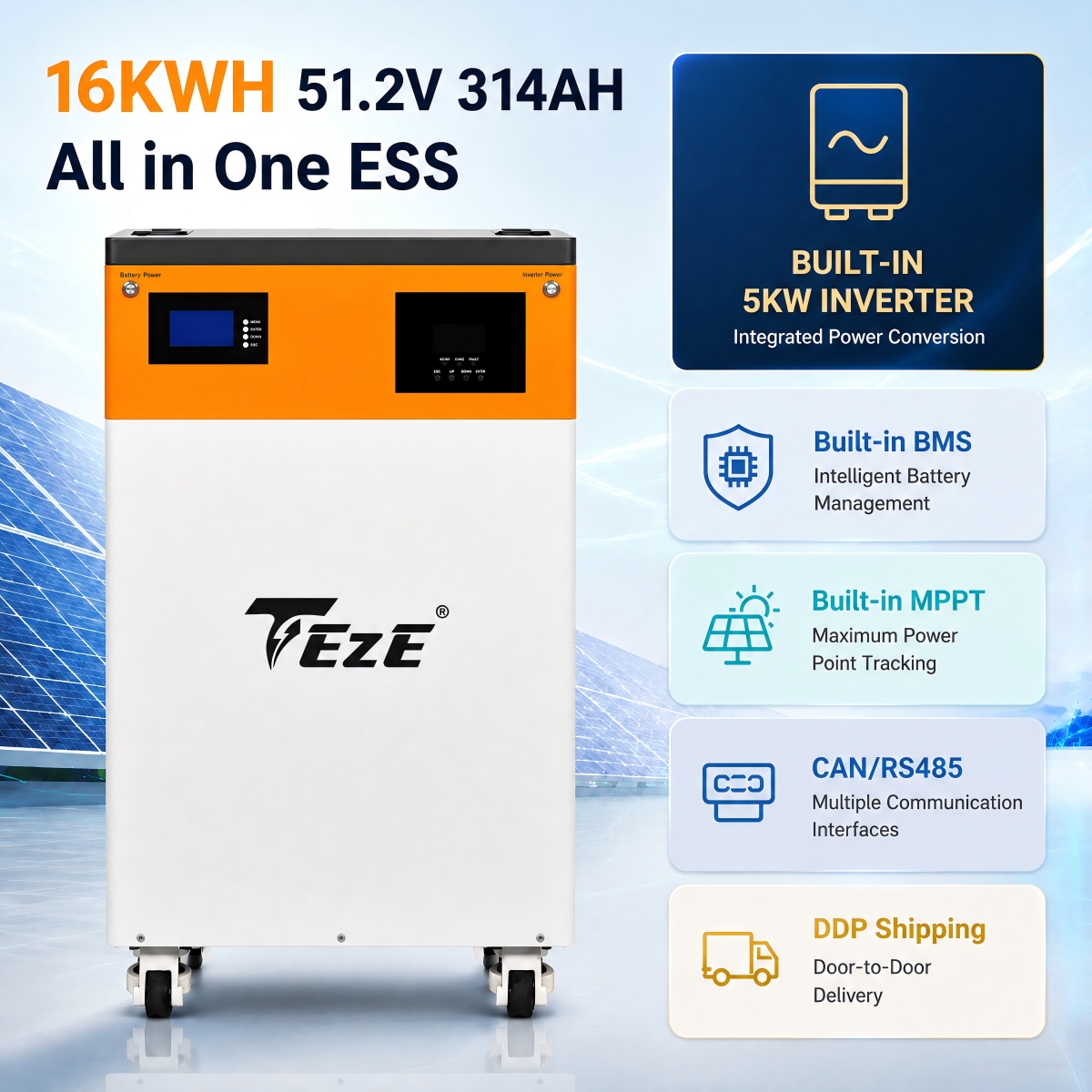 TezePower 51.2V 48V 300Ah All in One 16KWH 15kWh LiFePO4 Battery Mobile ESS Built-in 5kw Hybrid Off-grid Inverter, BMS, MPPT, Active Balancer-Backup Power for Home