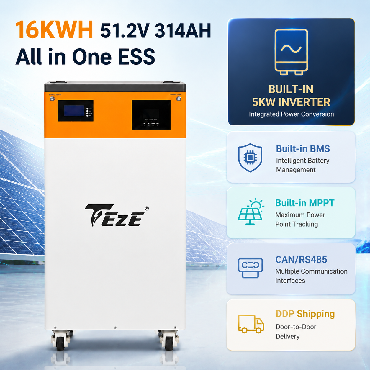 TezePower 51.2V 48V 300Ah All in One 16KWH 15kWh LiFePO4 Battery Mobile ESS Built-in 5kw Hybrid Off-grid Inverter, BMS, MPPT, Active Balancer-Backup Power for Home