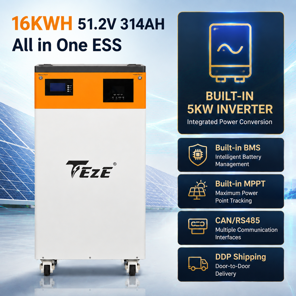 TezePower 51.2V 48V 300Ah All in One 16KWH 15kWh LiFePO4 Battery Mobile ESS Built-in 5kw Hybrid Off-grid Inverter, BMS, MPPT, Active Balancer-Backup Power for Home