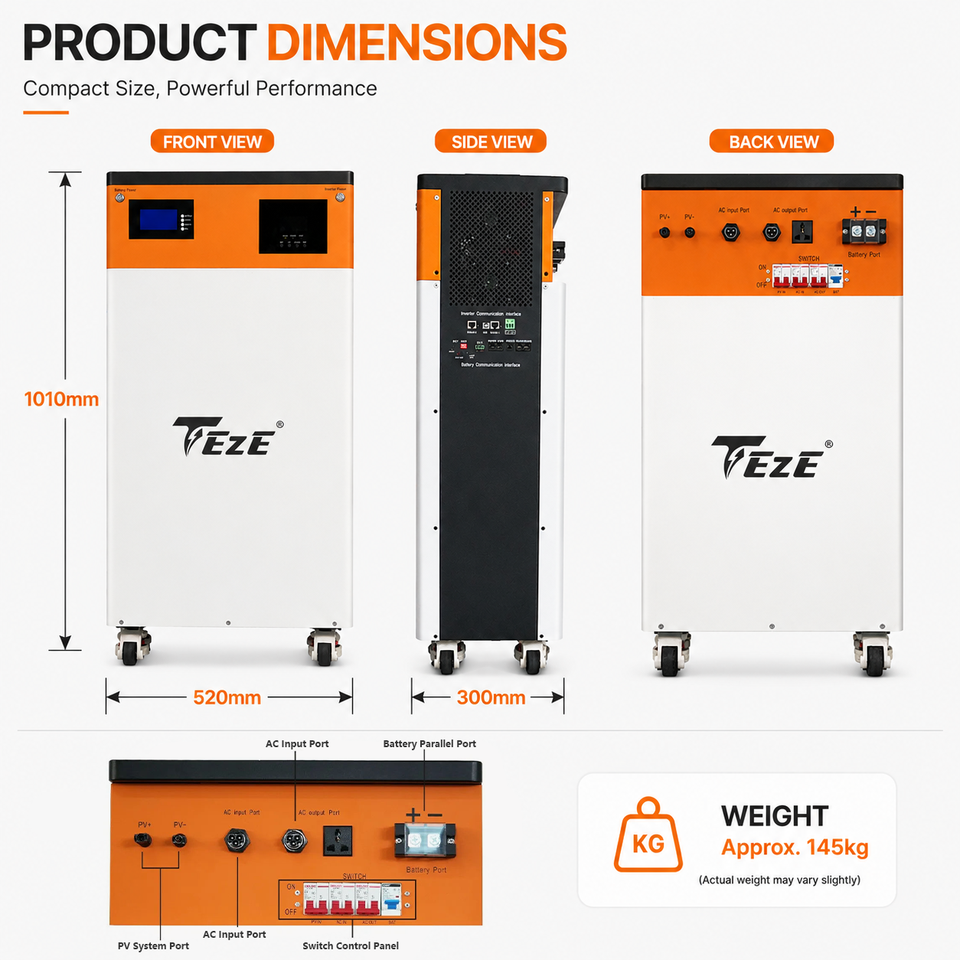 TezePower 16KWH 51.2V 314Ah All in One LiFePO4 Battery Built-in 5KW Hybrid Off-grid Inverter 48V 15KWH Mobile ESS With 5A Active Balancer