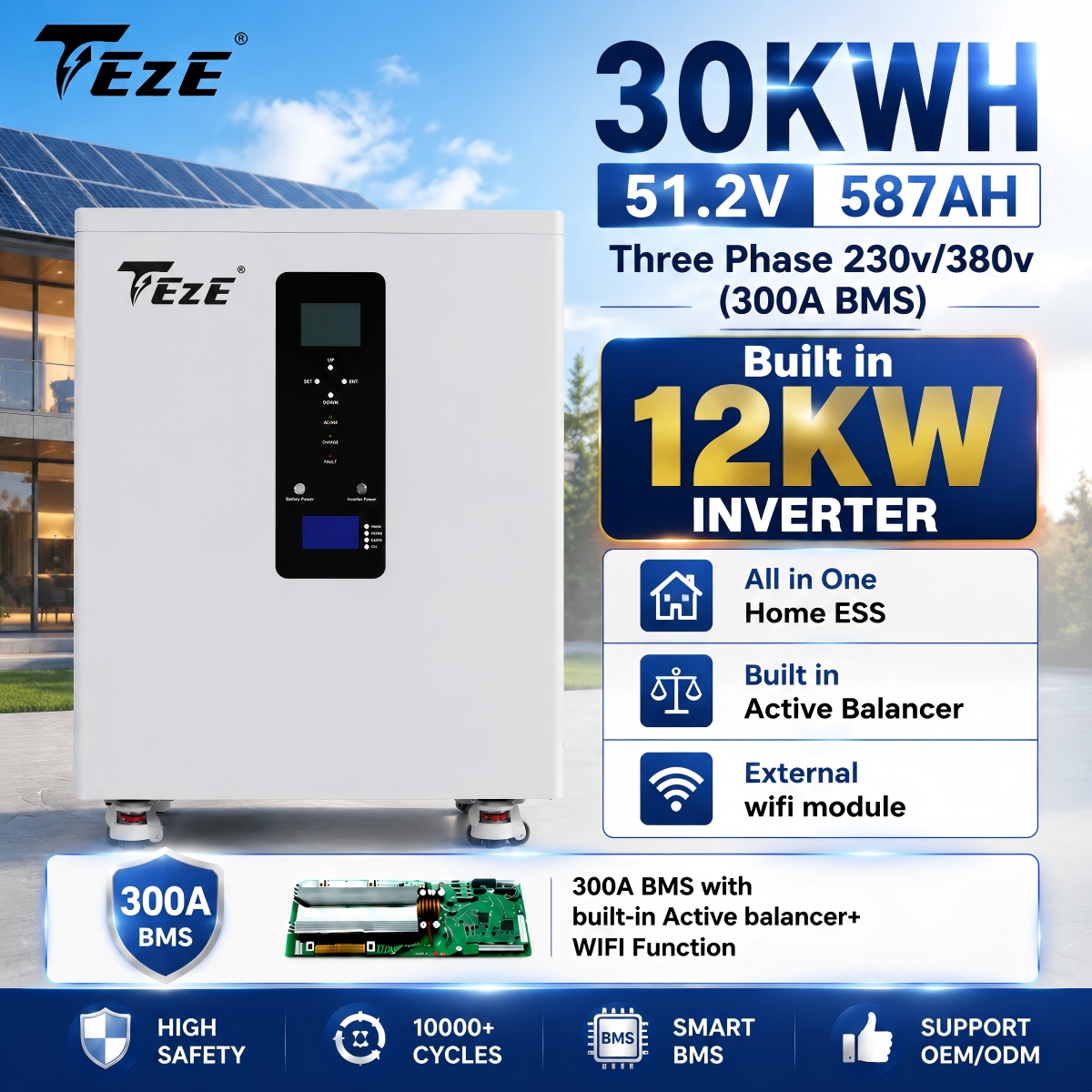 All in One 51.2V 587Ah 30kWh LiFePO4 Battery Three Phase Solar Home Energy Storage System AC380V Built in 12kW Hybrid Inverter