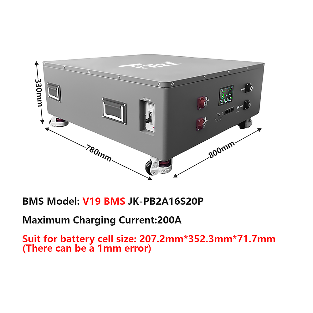 New TezePower DIY Case Kits for 51.2V 628AH MB56 32KWH LiFePO4 Battery Case Set with Air Switch, Built in Bluetooth JK 200A BMS, 2A Auto-Balancing