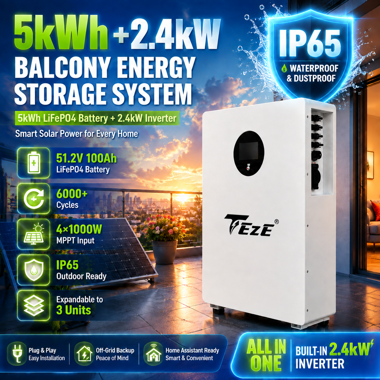 5kWh Balcony Home Energy Storage System 51.2V 100Ah LiFePO4 Built-in 2.4kW Inverter Off-grid Solar System Plug and Play ESS