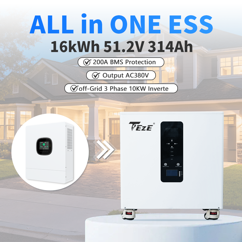 TezePower 51.2V 48V 314Ah 16kWh All in One LiFePO4 Battery Mobile ESS Built-in 10kw Hybrid Off-grid Three-Phase Inverter, BMS, MPPT, Equalization Module