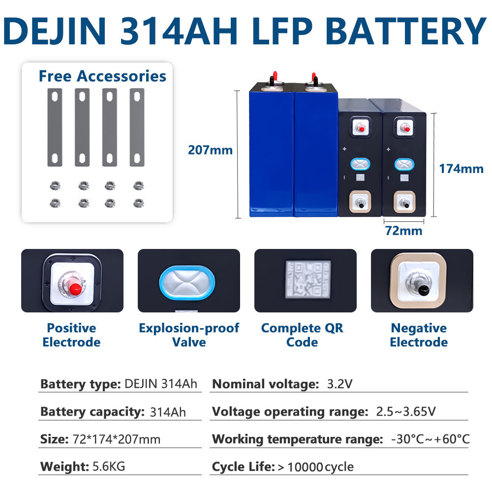 DEJIN 314Ah LiFePO4 Battery Cells - Brand New Grade A+ with QR Code for EV RV Solar Power