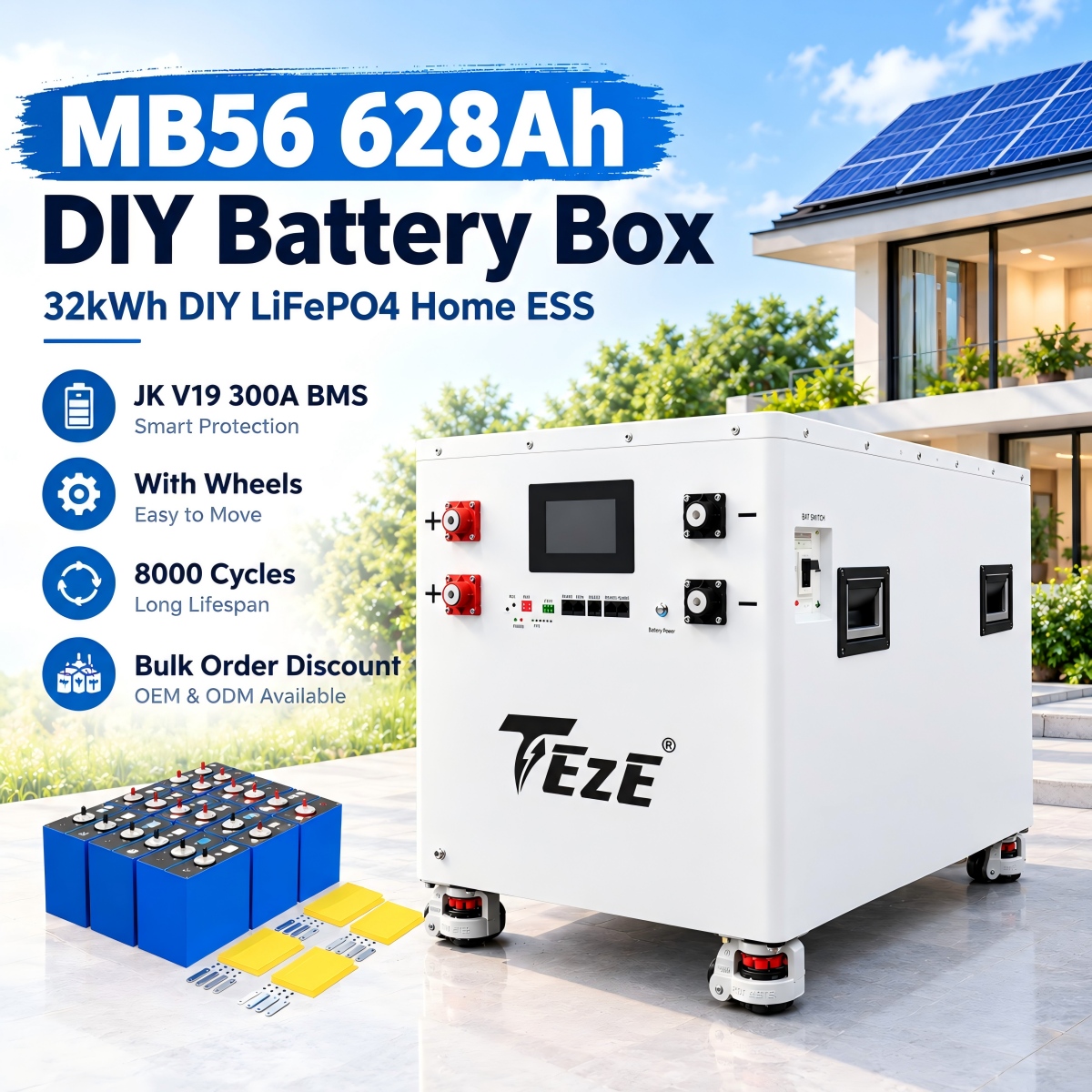 TezePower DIY Case Kits for EVE MB56 628AH 51.2V 32kWh LiFePO4 DIY Battery Kit Case DIY Box with Air Switch, JK 300A BMS, Auto-Balancing for Solar Storage