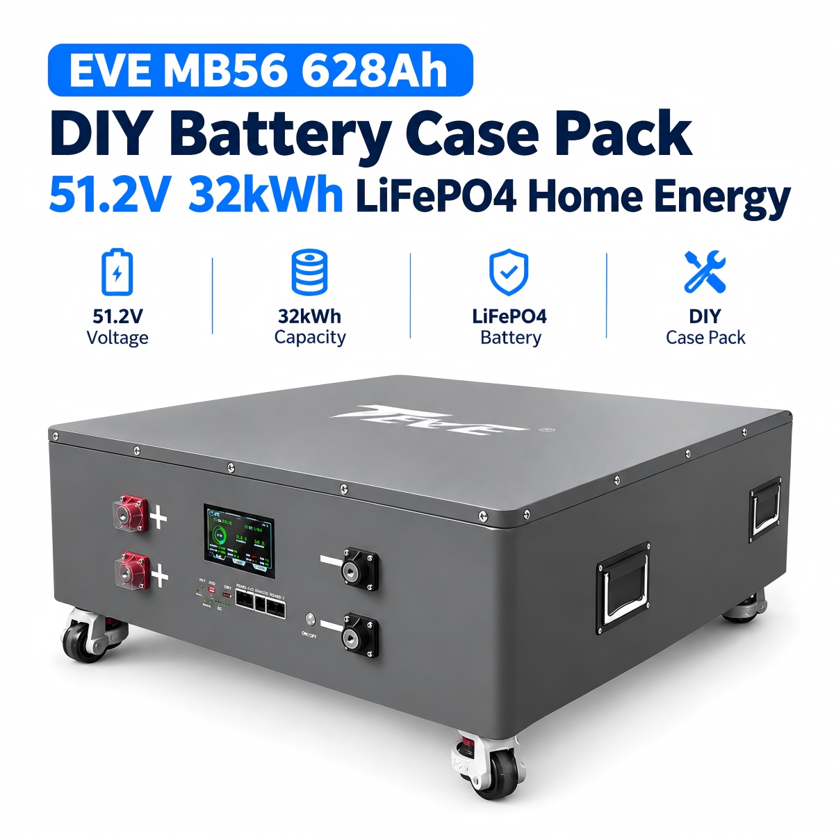 TezePower EVE MB56 628Ah DIY Battery Case Kit 48V/51.2V 32kWh LiFePO4 DIY Box with JK 200A BMS and Circuit Breaker, Auto-Balancing for Solar Home Storage