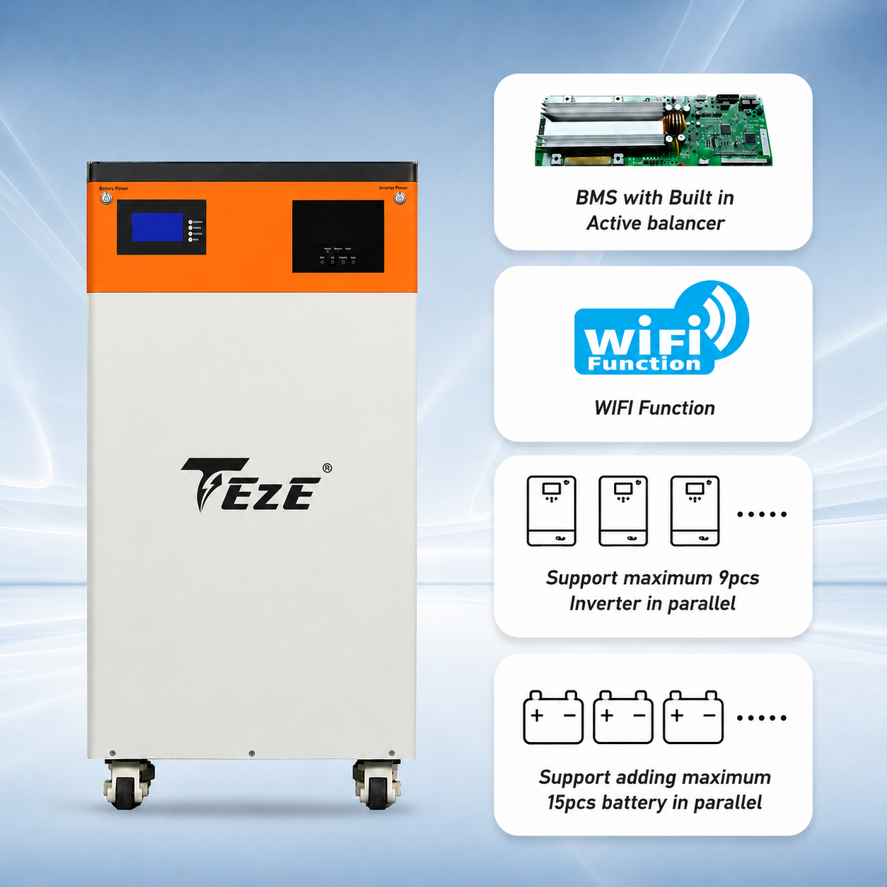 16kWh LiFePO4 Battery Built-in 6.5kW Hybrid Inverter, All-in-One Off-Grid ESS Energy Storage System with WiFi BMS, Heating & Active Balancing | TezePower