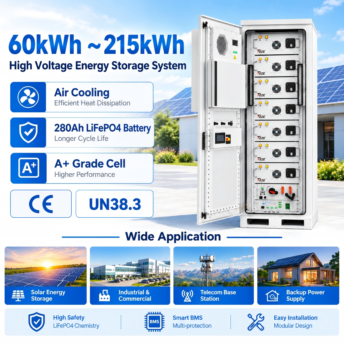 TezePower High Voltage Cabinet 358V 100kWh 768V 215kWh LiFePO4 Battery IP54 Protection Air Cooling Industrial & Commercial Use, Scalable DC Power Cabinet with BMS Integration