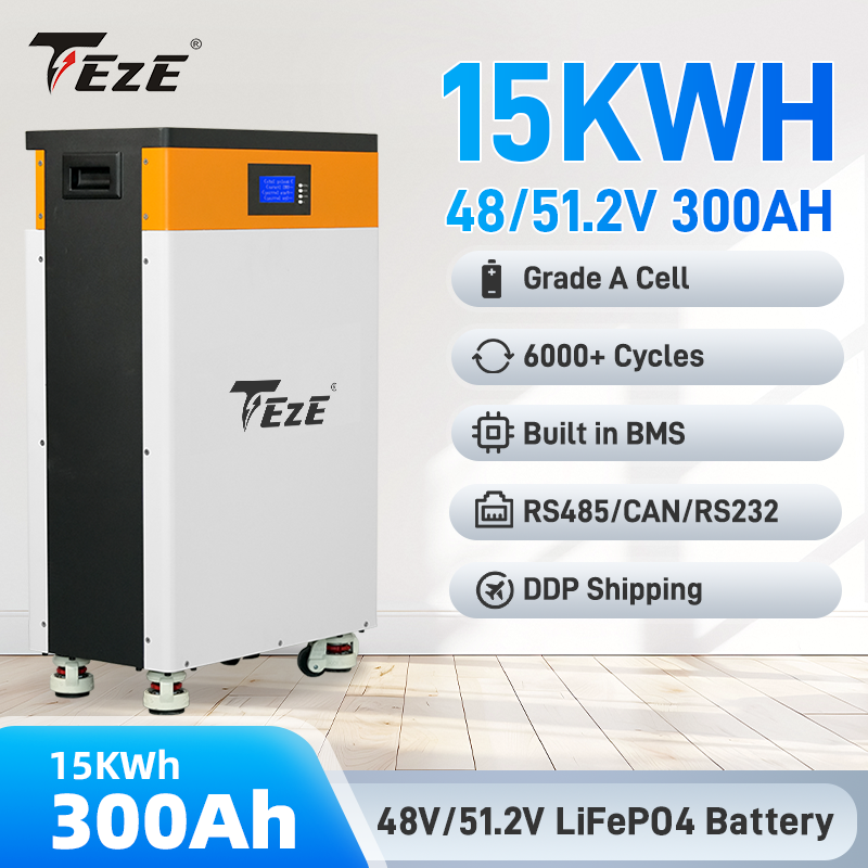 TezePower 51.2V 48V 300Ah LiFePO4 Battery 15kWh Lithium ion Solar Battery Mobile ESS With Active Balancer for Home Energy Storage System-Backup Power for Home