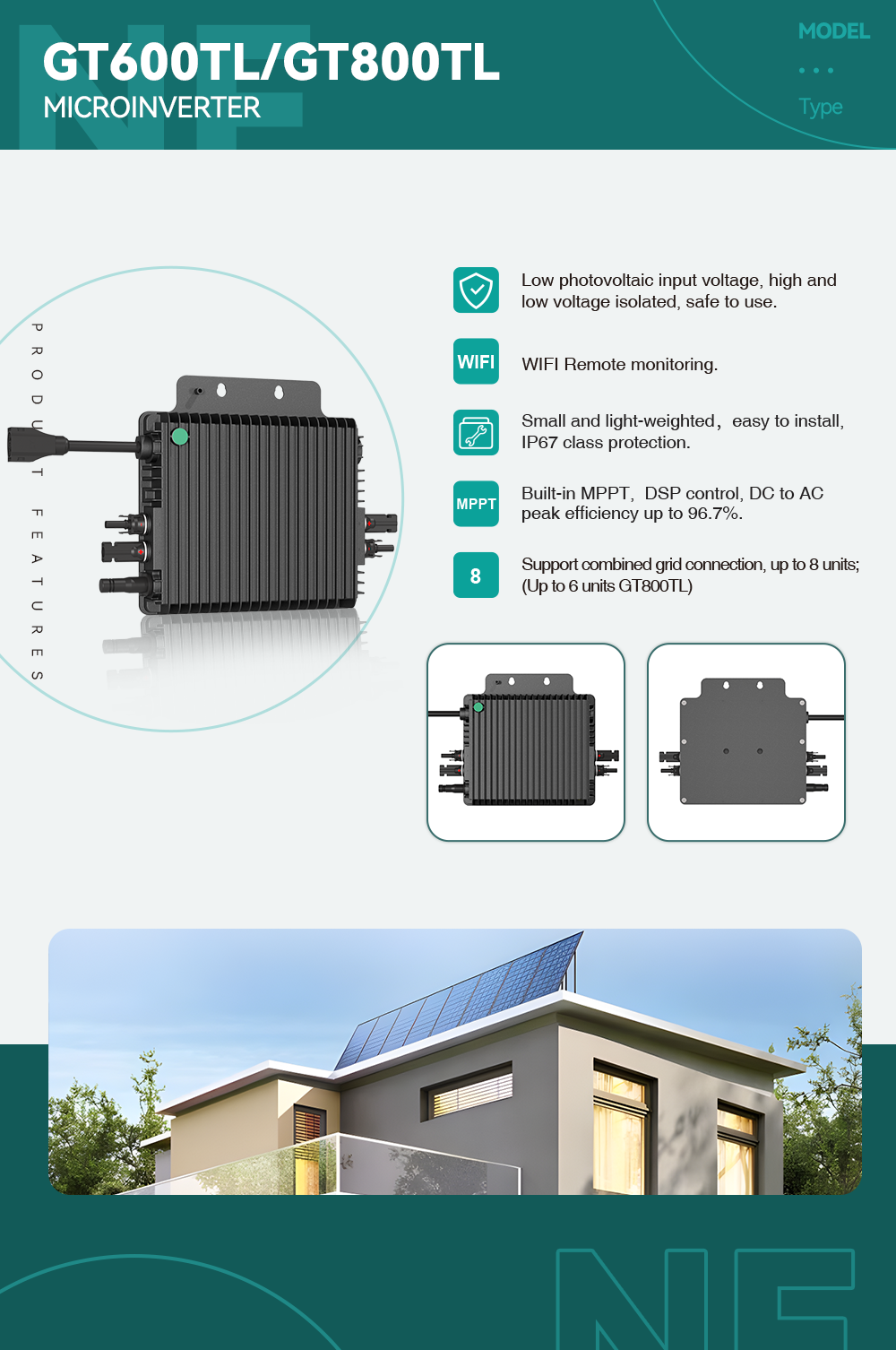 Micro Inverter, MPPT Grid Tie Solar Inverter with WiFi & App, DC to AC, IP67 Waterproof Micro Inverters for 2 Solar Panels (EU Plug)-TezePower