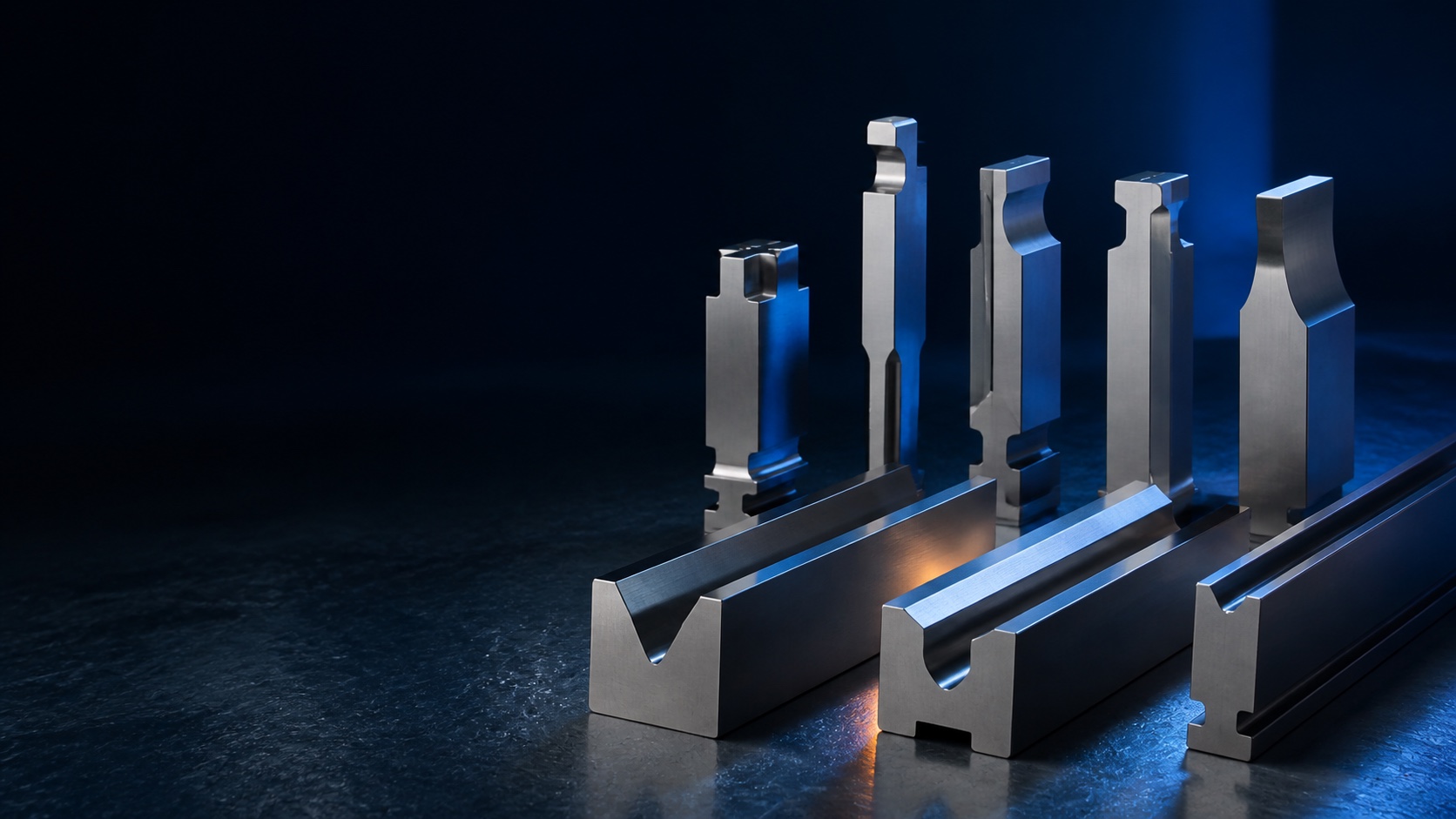 Decorative display rendering of generic press brake tooling profiles; not dimensional or engineering evidence