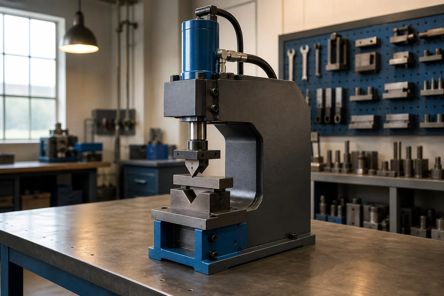 Tranyond compact hydraulic press brake on a workbench in a small metal fabrication workshop