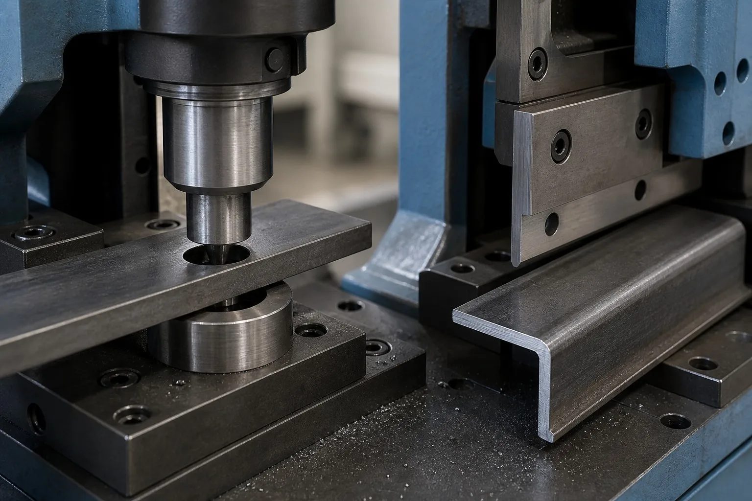 Close-up of punch and shear stations cutting holes and trimming steel angle and flat bar