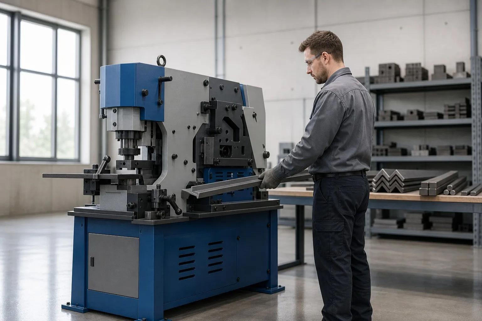 Combined punching and shearing machine operator feeding angle steel in a sheet metal workshop