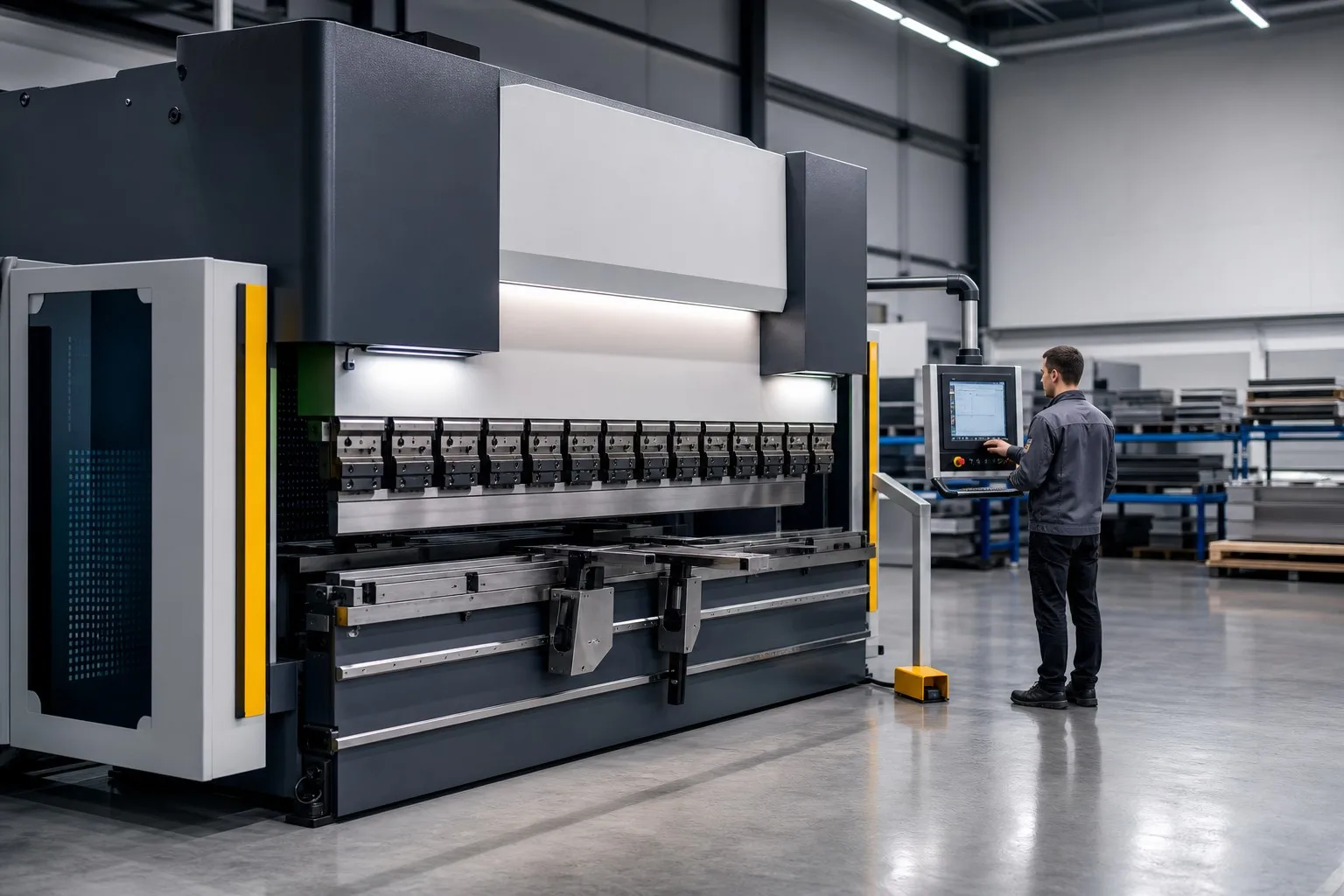 Modern CNC press brake with operator at control panel in a sheet metal fabrication workshop