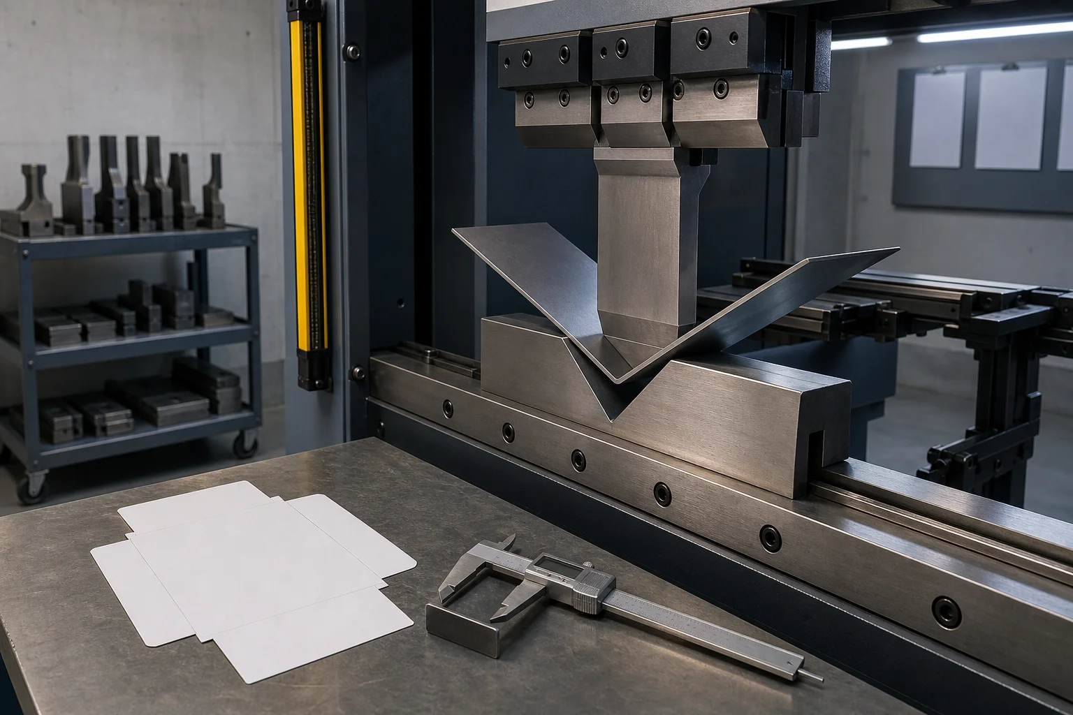 CNC press brake forming a steel sheet with a blank flat-pattern development sheet and caliper on the workbench