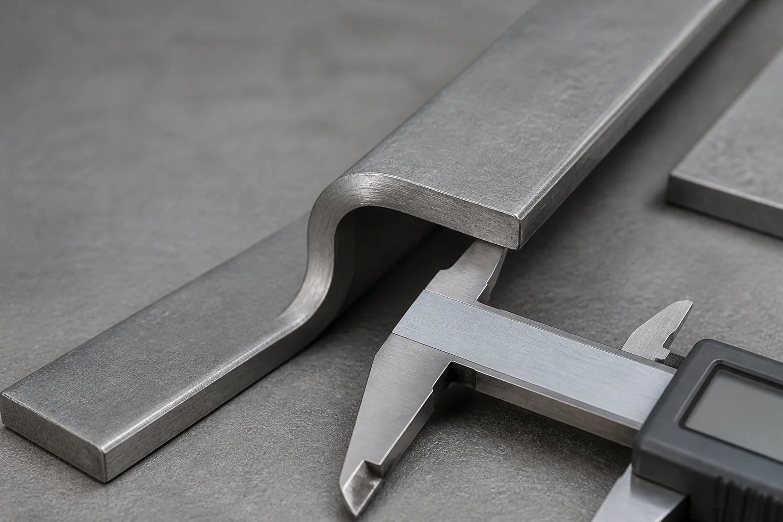Macro close-up of a 90 degree press brake air bend in mild steel with caliper jaws measuring the outside flange