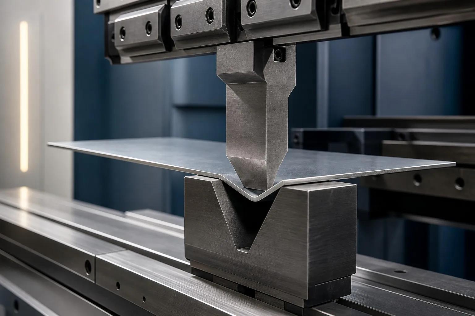 Press brake punch forming sheet metal over a V-die