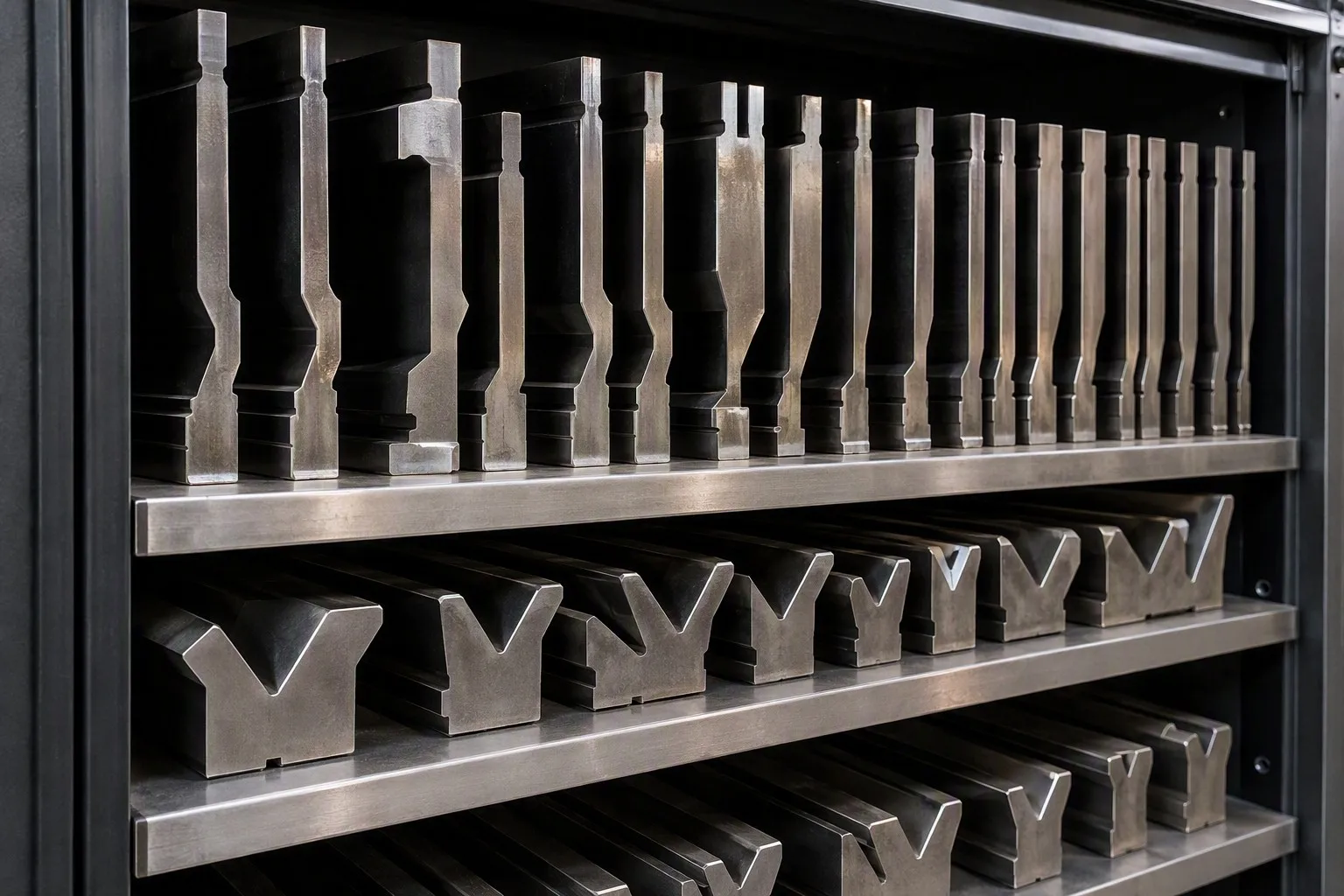 Organized rows of press brake punches and V-dies stored inside a steel tooling cabinet