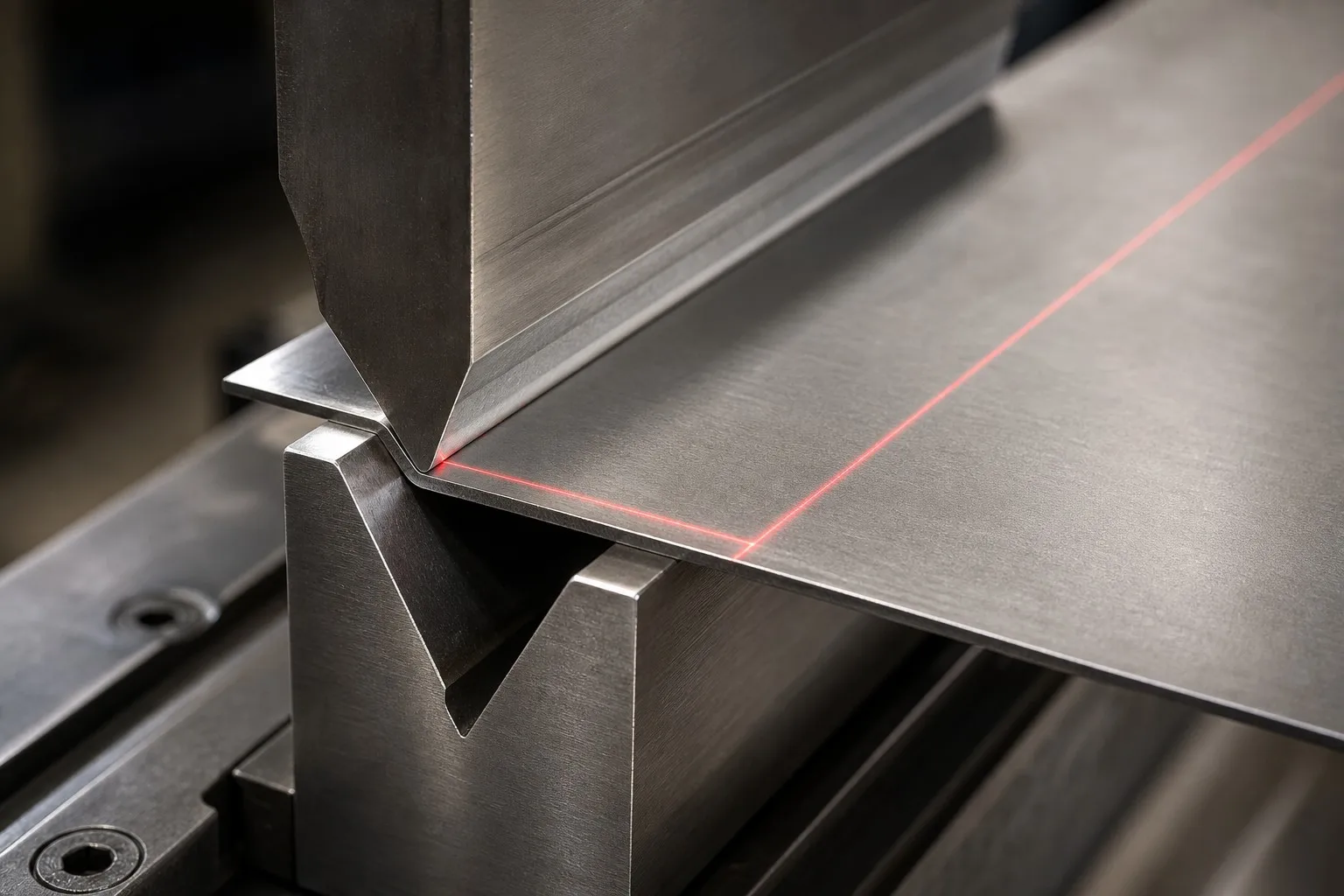 Press brake V-die bending sheet metal with laser alignment line