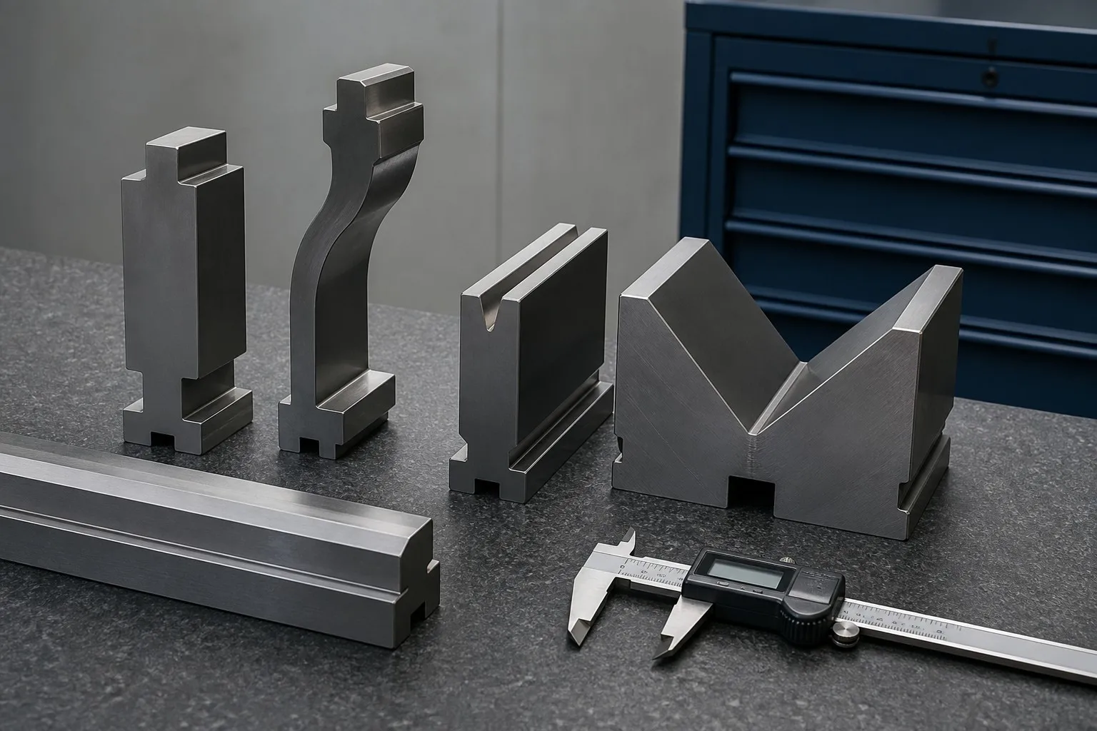 Segmented press brake punches and V-dies on an inspection bench