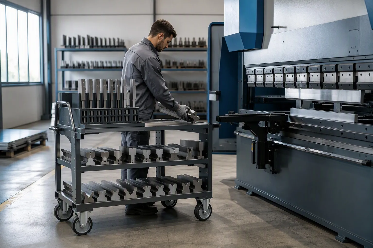 Press brake punches and dies organized on a tooling trolley