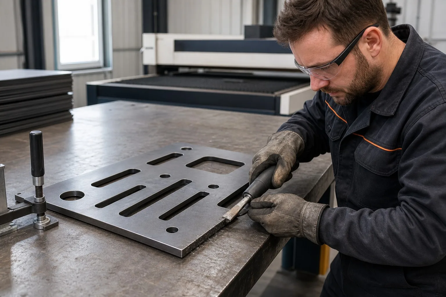 Metal fabricator removing slag from a laser-cut steel part with a handheld manual slag remover on a workshop bench