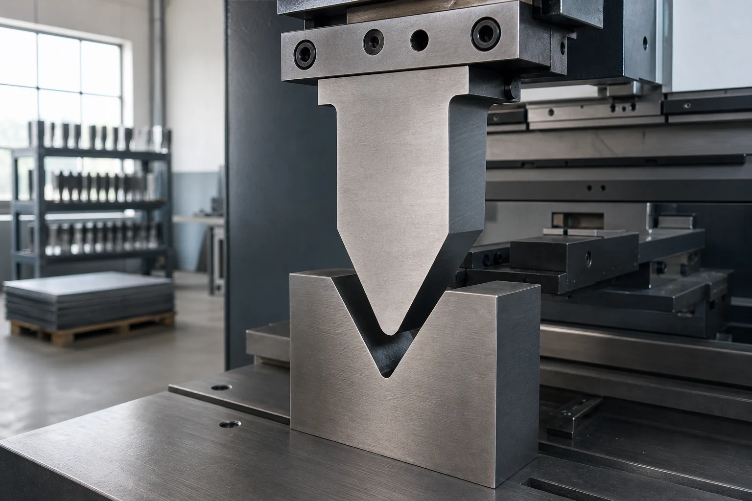 85 degree TYD-System Amada press brake punch seated in the upper clamping system above a V-die