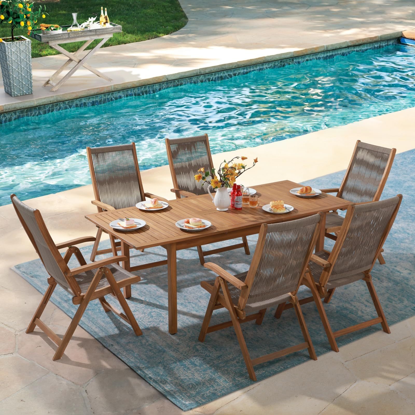 7pcs Outdoor Acacia Wood Dining Set Extendable Table and Rope Design Chairs