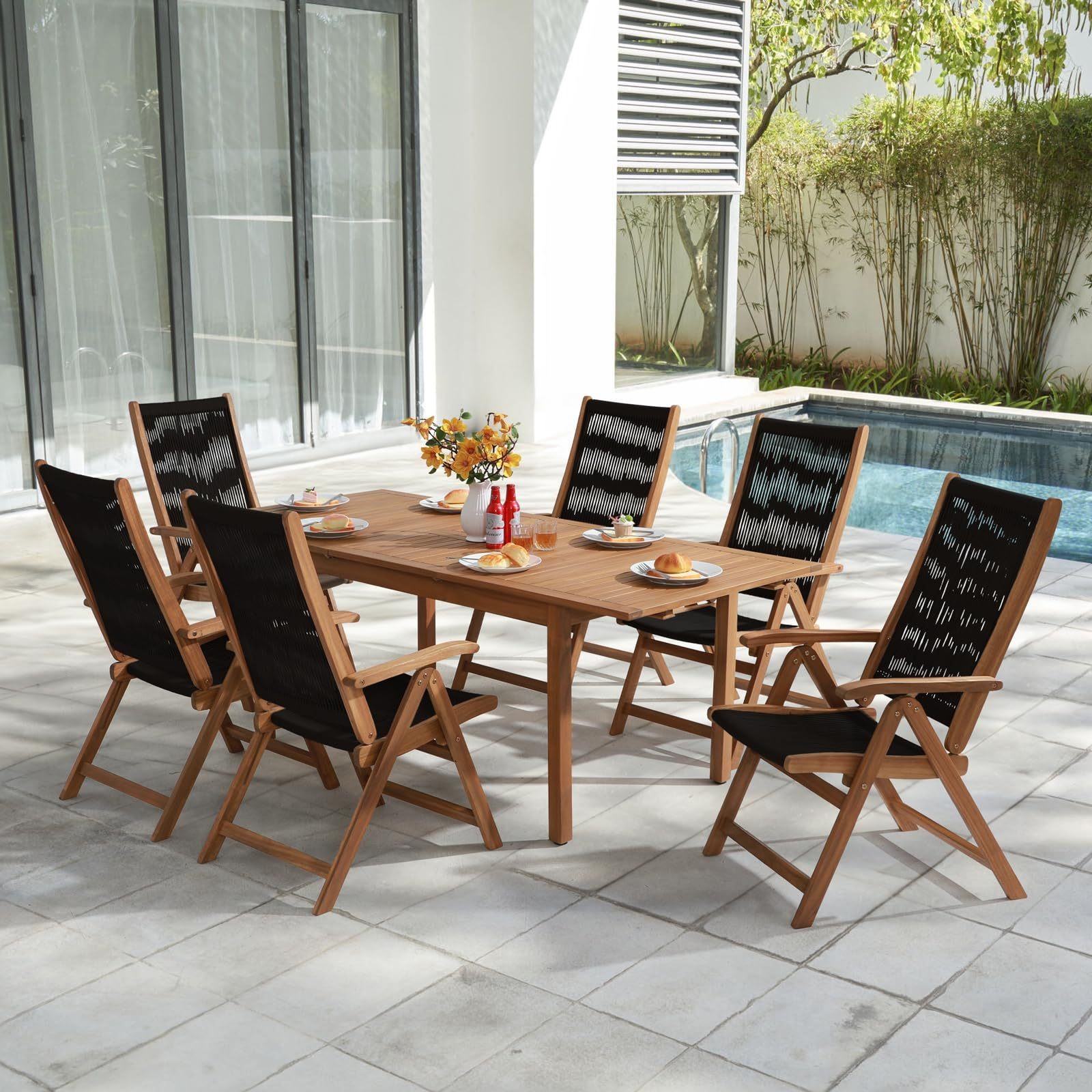 7pcs Outdoor Acacia Wood Dining Set Extendable Table and Rope Design Chairs