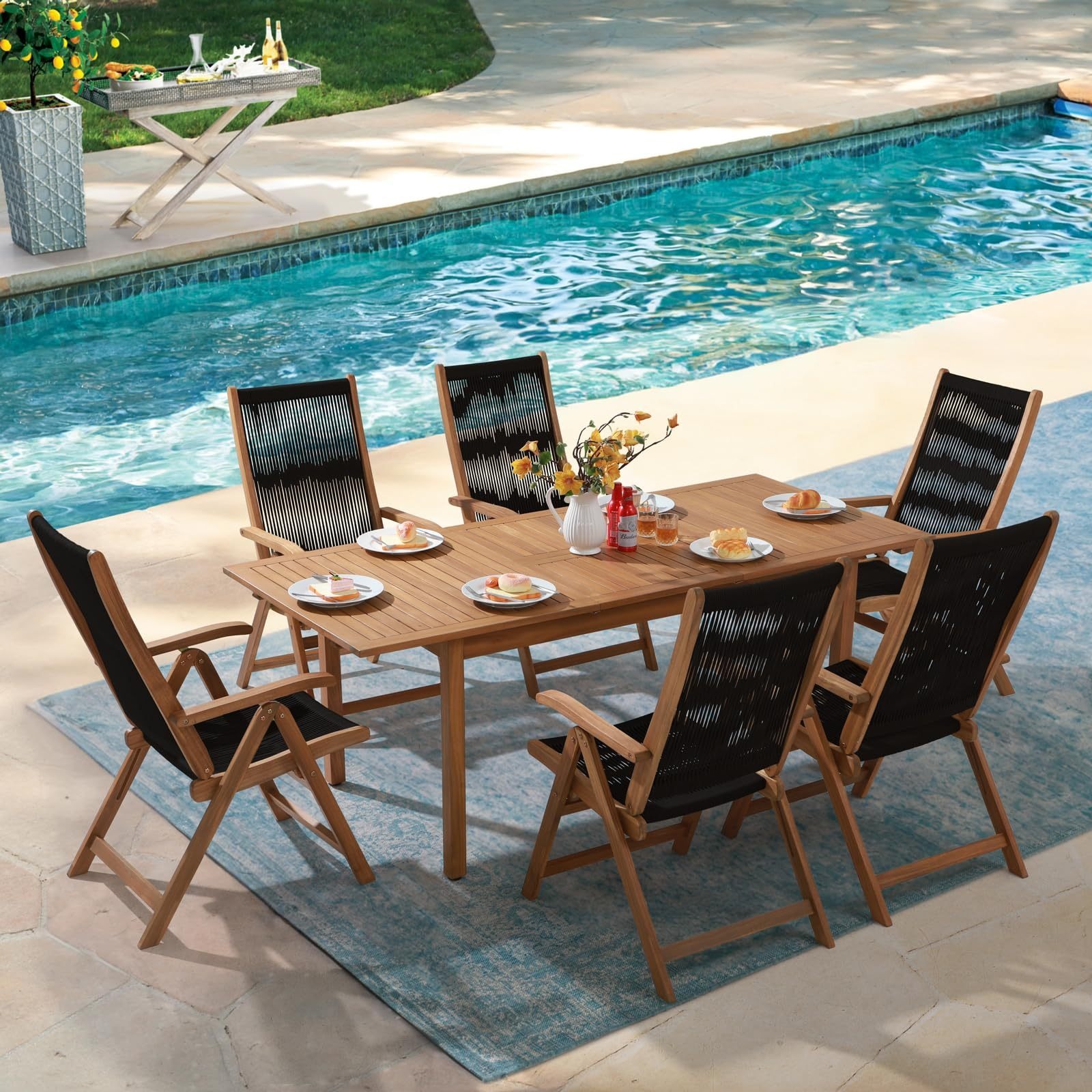 7pcs Outdoor Acacia Wood Dining Set Extendable Table and Rope Design Chairs