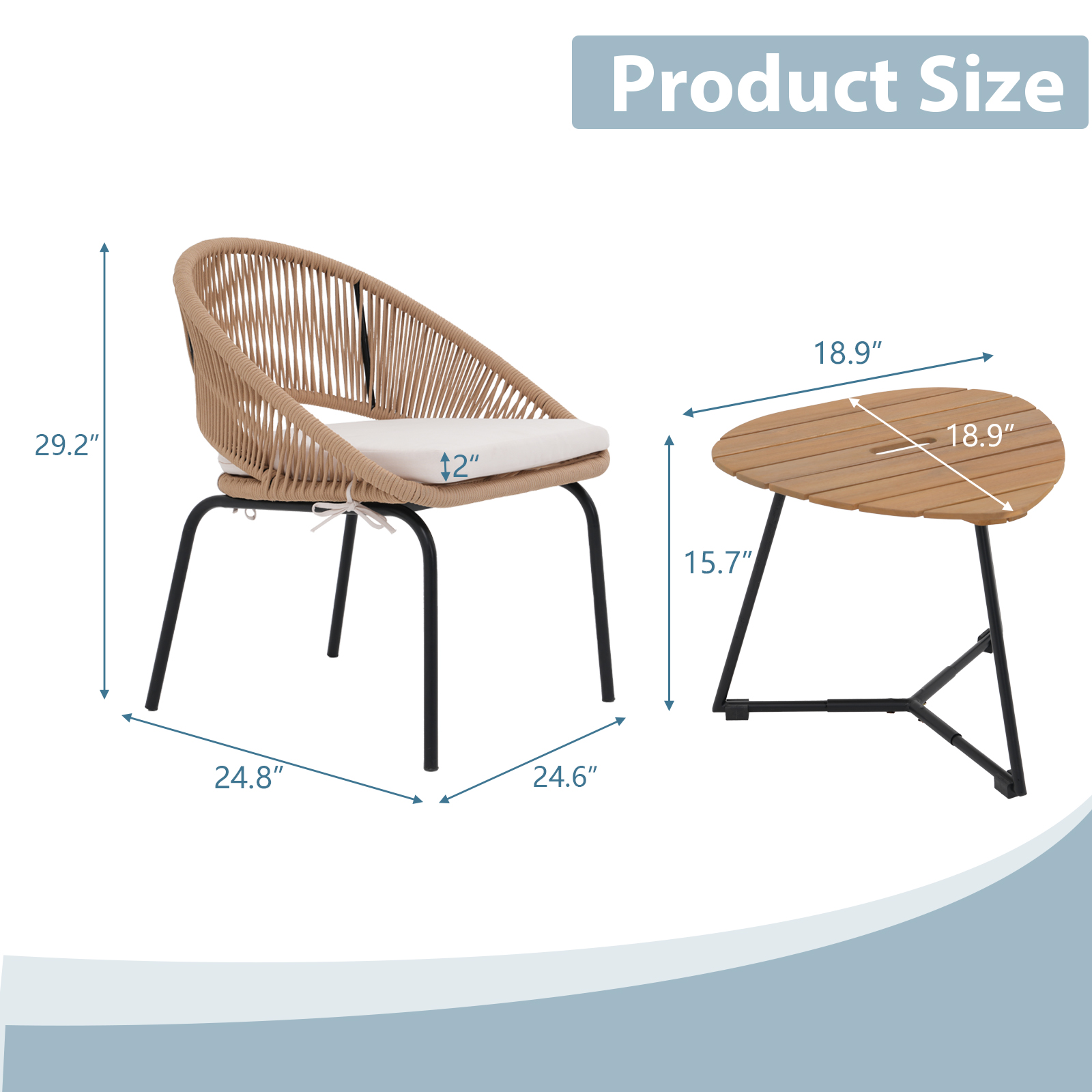  3pcs Outdoor Bistro Set,Metal Woven Rope furniture set, 3pcs patio set, With Black /Grey/Beige Cushions