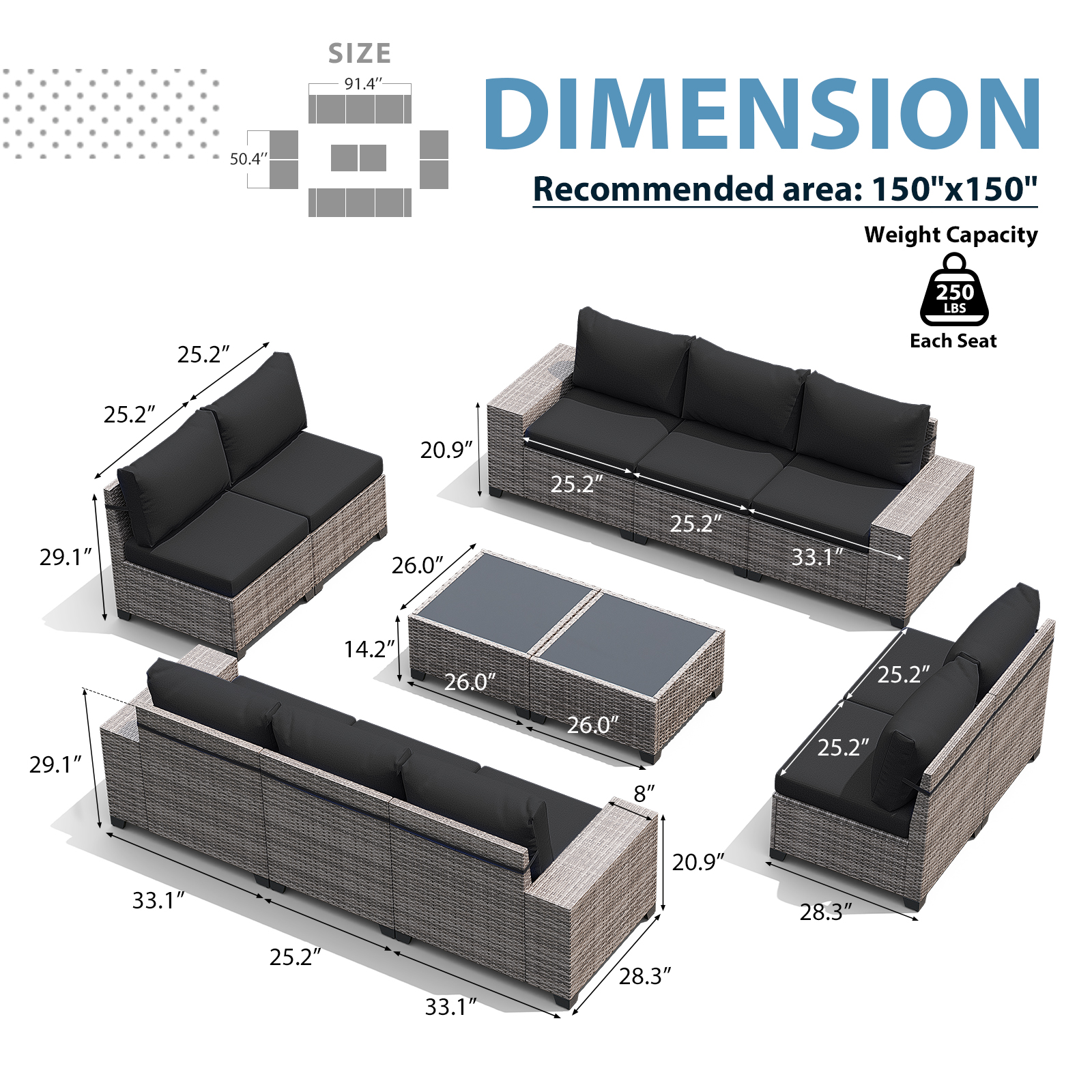 13 Pieces PE Rattan Patio Sectional Sofa Set With 50000 BTU Fire Pit and 2 Side Tables
