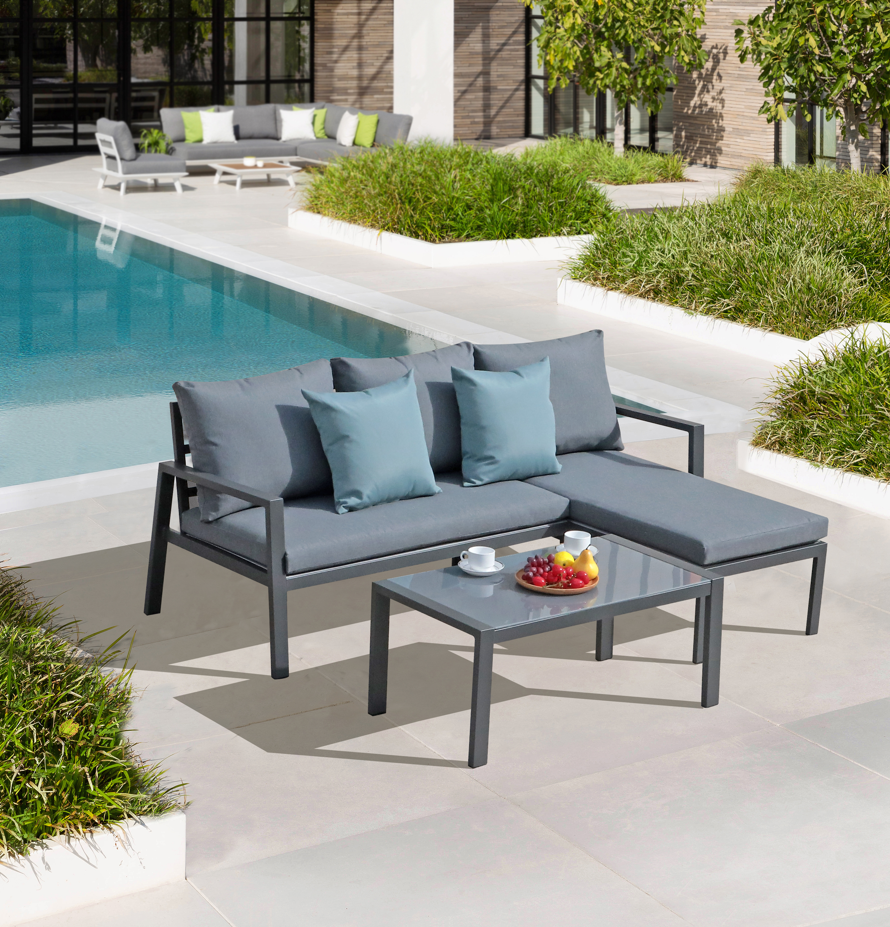 OC ORANGE-CASUAL 3Pcs L-Shaped Aluminum Sofa Set with Glass Coffee Table