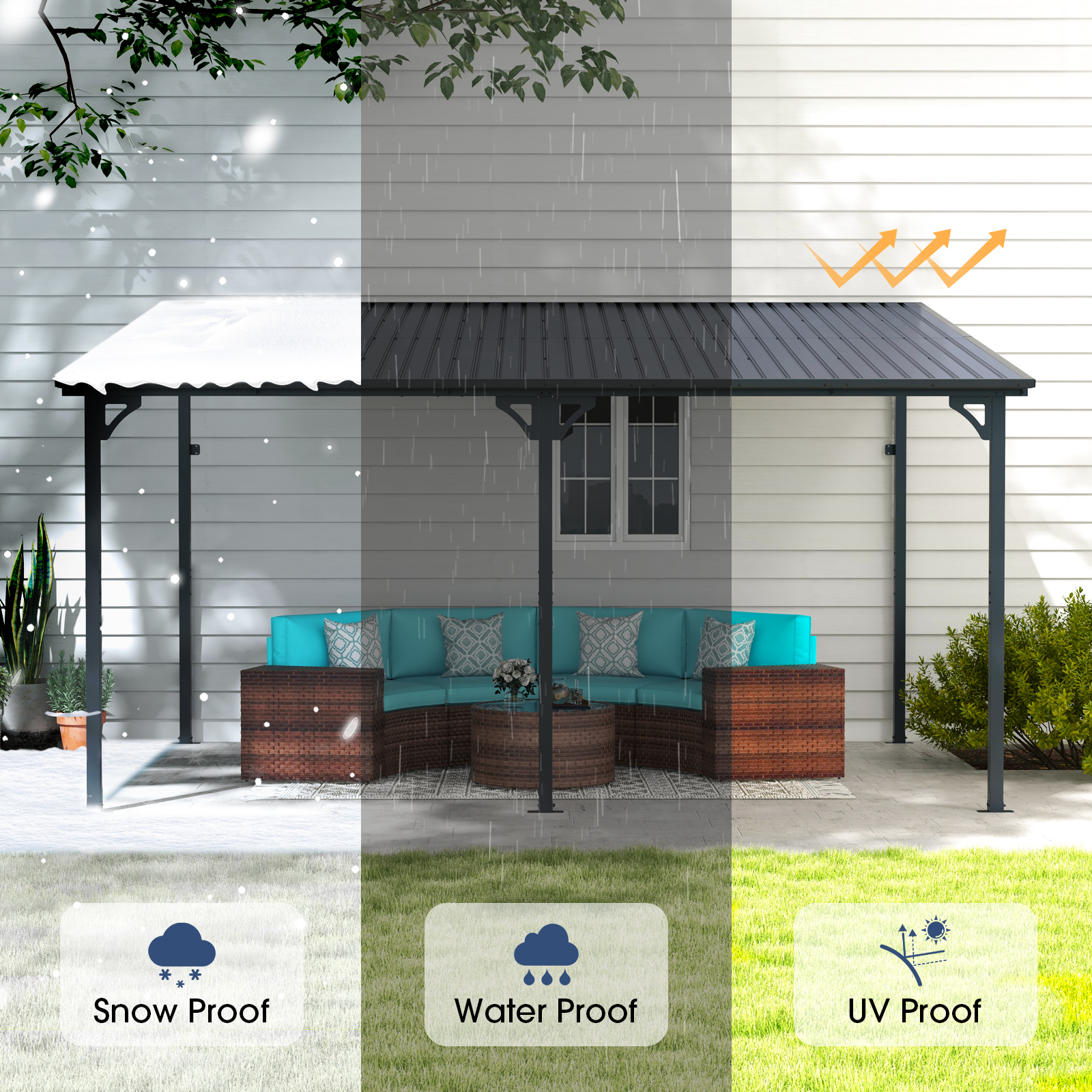 Outdoor Gazebo, Outdoor Lean to Gazebo Pergola w/Drainage Holes, Wall-Mounted Gazebo with Hard Top Metal Awnings for Patio Backyard Deck, Dark Grey