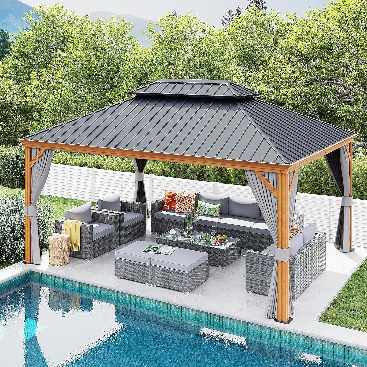 12’ x 16’ Patio Hardtop Gazebo with Wood Grain Aluminum Frame, Double Galvanized Steel Roof