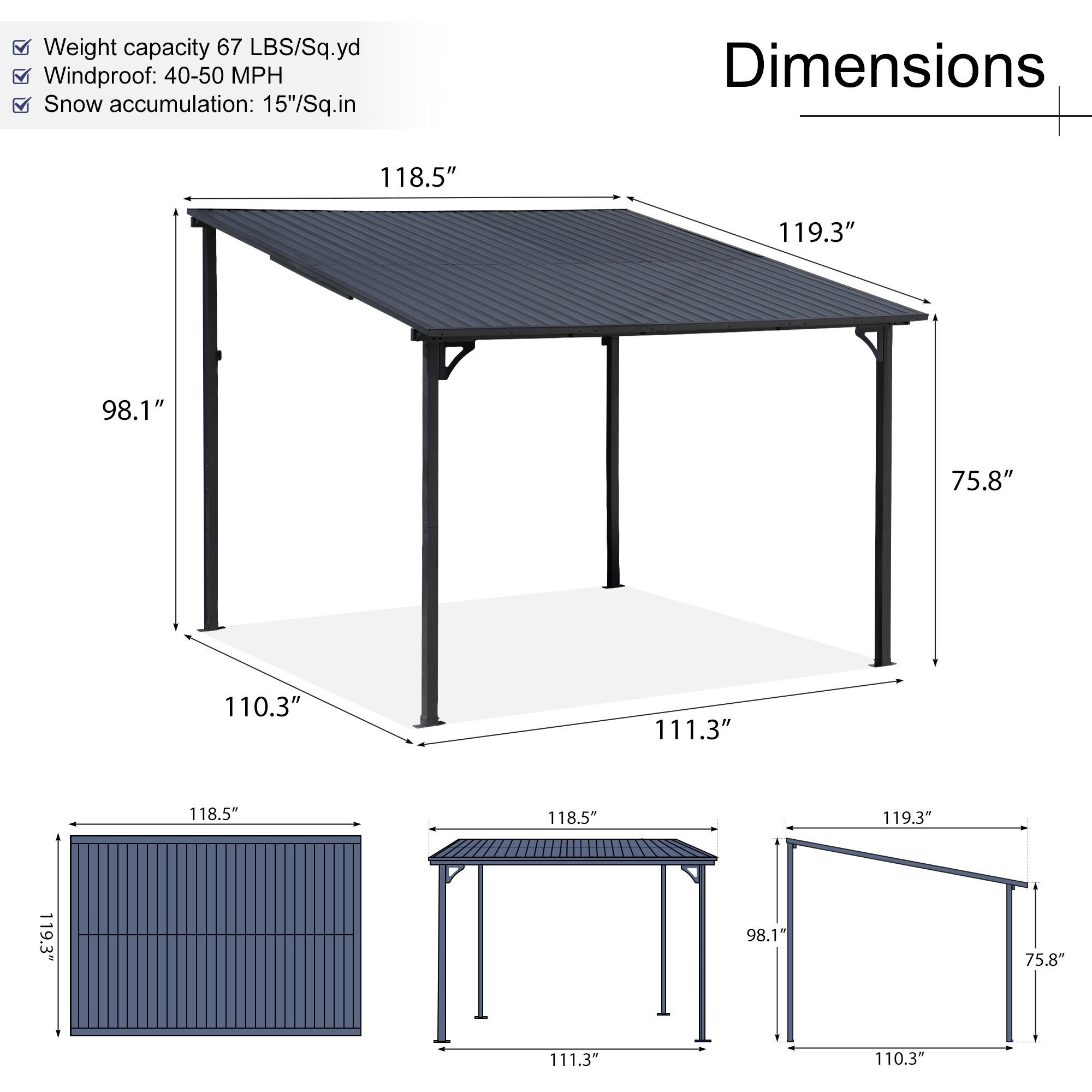 Outdoor Gazebo, Outdoor Lean to Gazebo Pergola w/Drainage Holes, Wall-Mounted Gazebo with Hard Top Metal Awnings for Patio Backyard Deck, Dark Grey