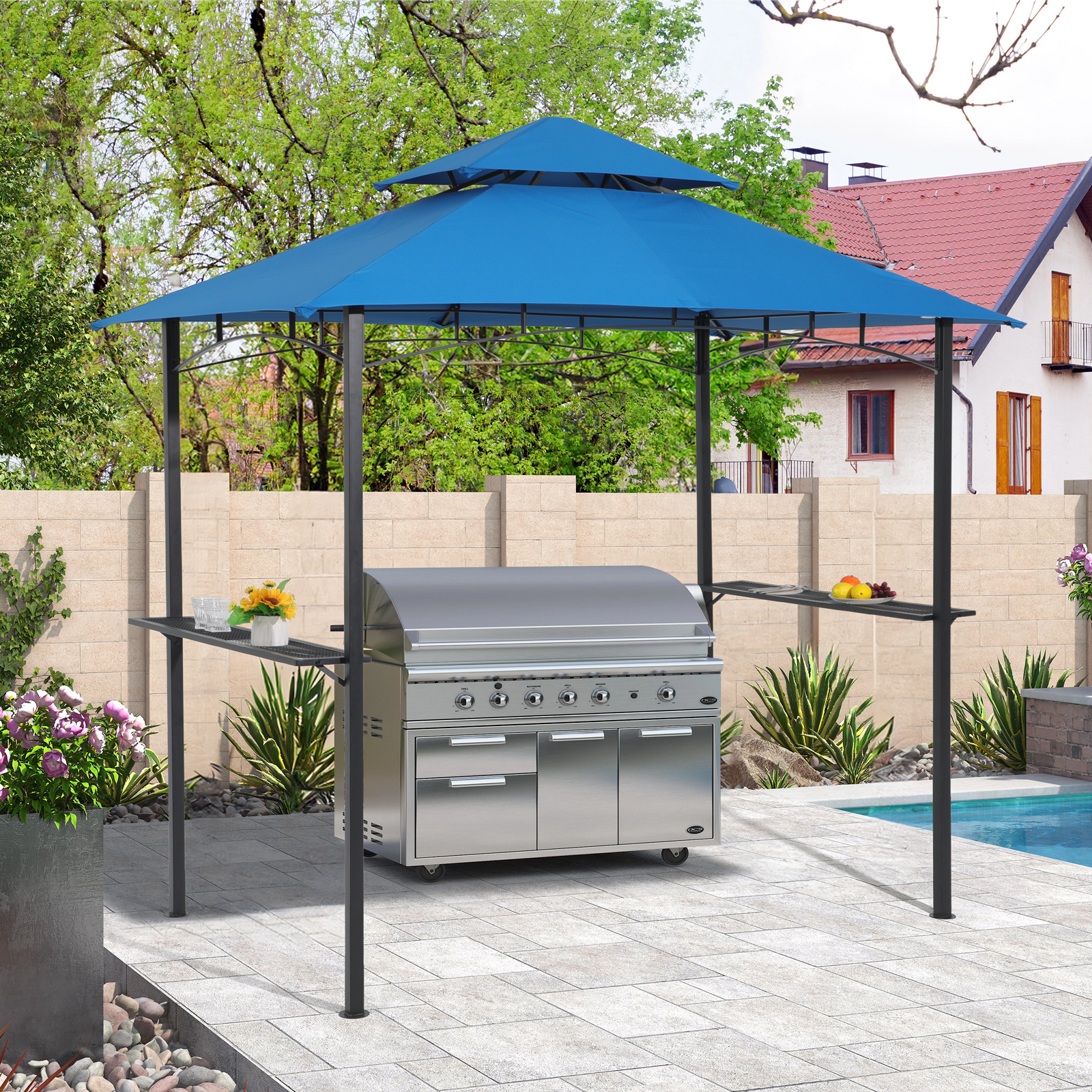 8' by 5' Metal Grill Gazebo with Double-Tier Soft Polyester Top, Beige