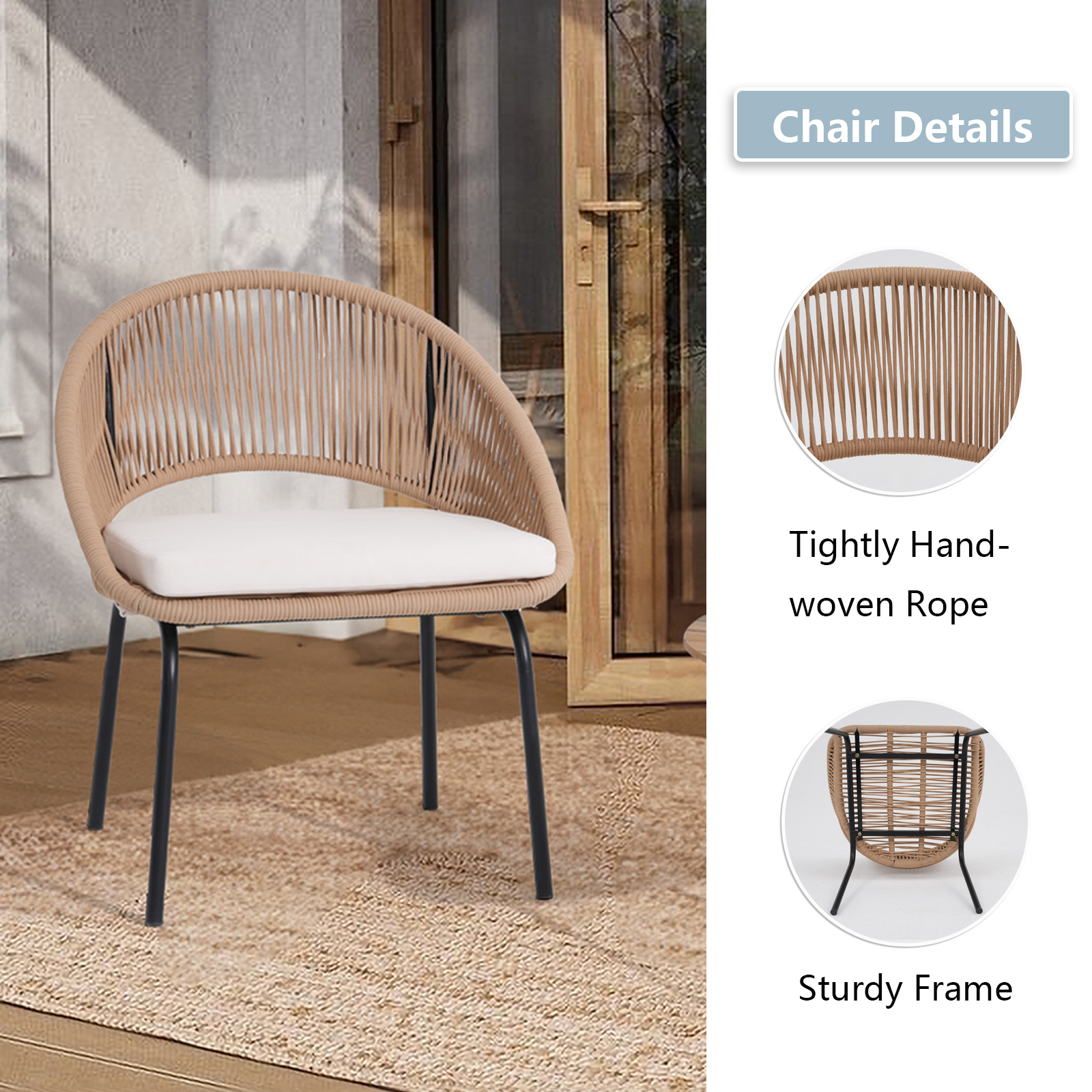  3pcs Outdoor Bistro Set,Metal Woven Rope furniture set, 3pcs patio set, With Black /Grey/Beige Cushions